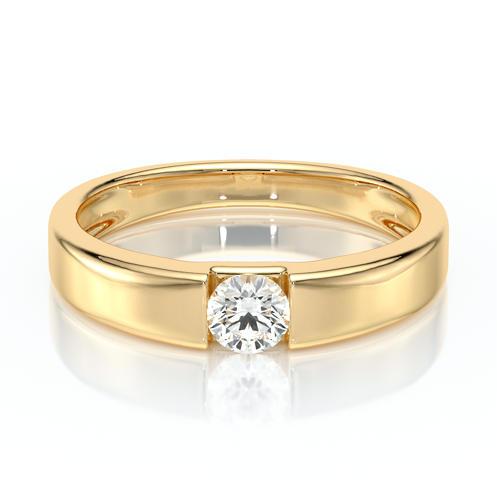 Bague en or jaune avec un diamant rond, mettant en valeur un design élégant et moderne, parfaite pour des occasions spéciales comme les fiançailles ou les mariages, modèle classique avec diamant.
