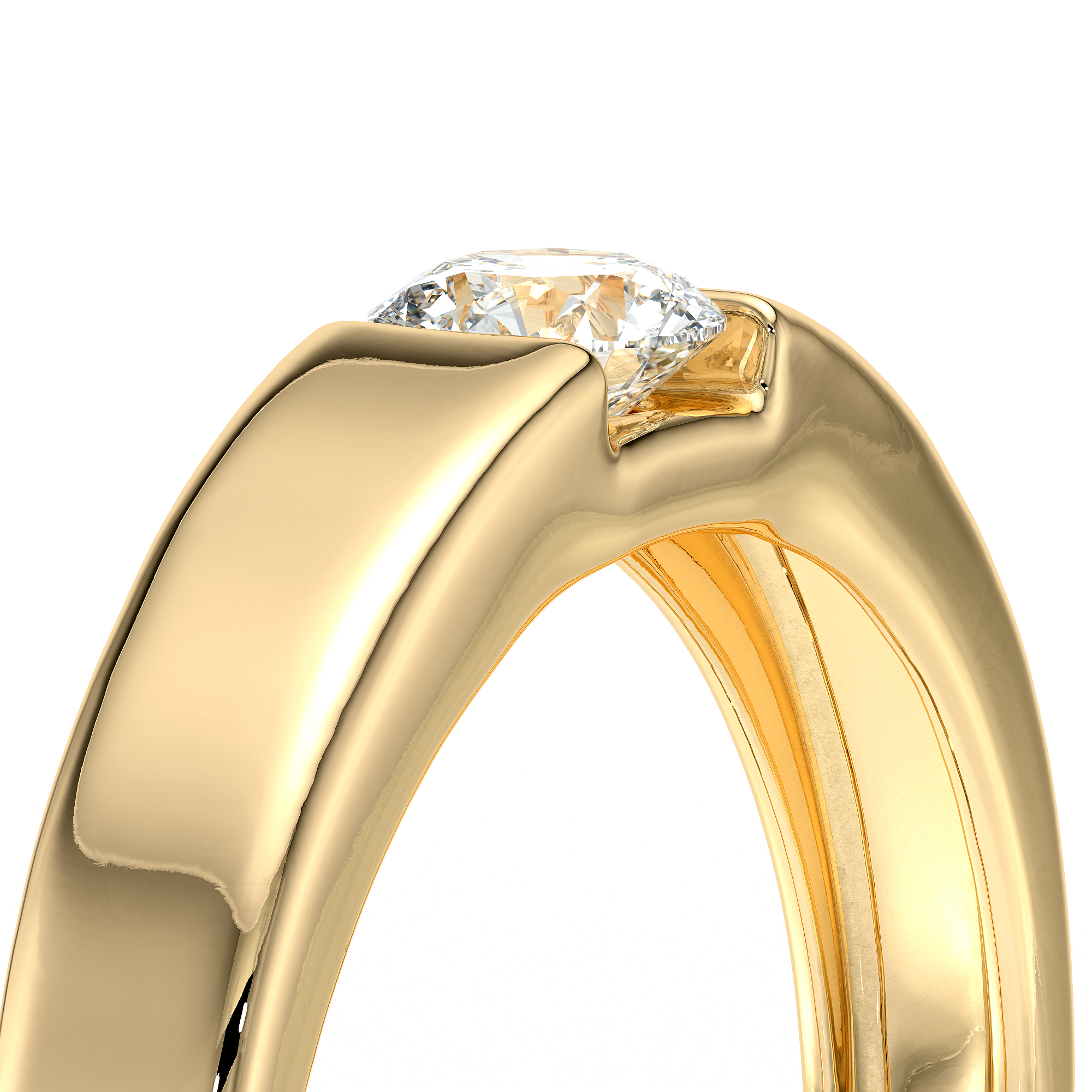 Bague de fiançailles en or jaune avec un diamant brillant, mettant en valeur un design moderne et élégant. Cette bijouterie raffinée, idéale pour une demande en mariage ou comme cadeau spécial, combine le luxe de l'or et l'éclat d'une pierre précieuse, symbole d'amour et d'engagement.
