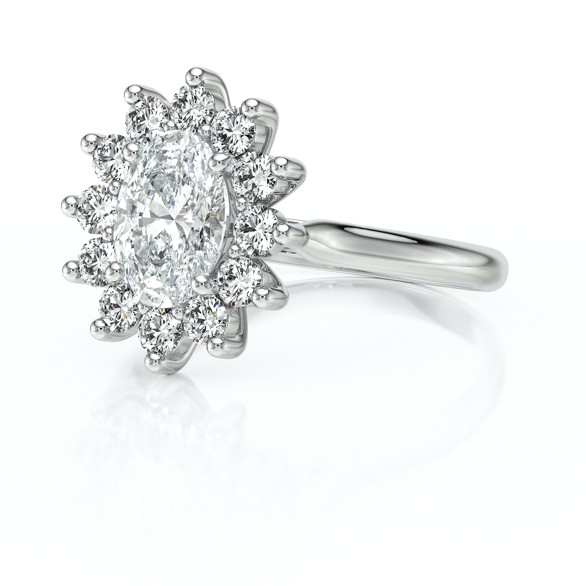 Bague en diamant ornée d'une pierre centrale ovale entourée de diamants brillants formant une couronne, en platine, symbole d'élégance et de luxe, idéale pour des fiançailles ou des occasions spéciales.