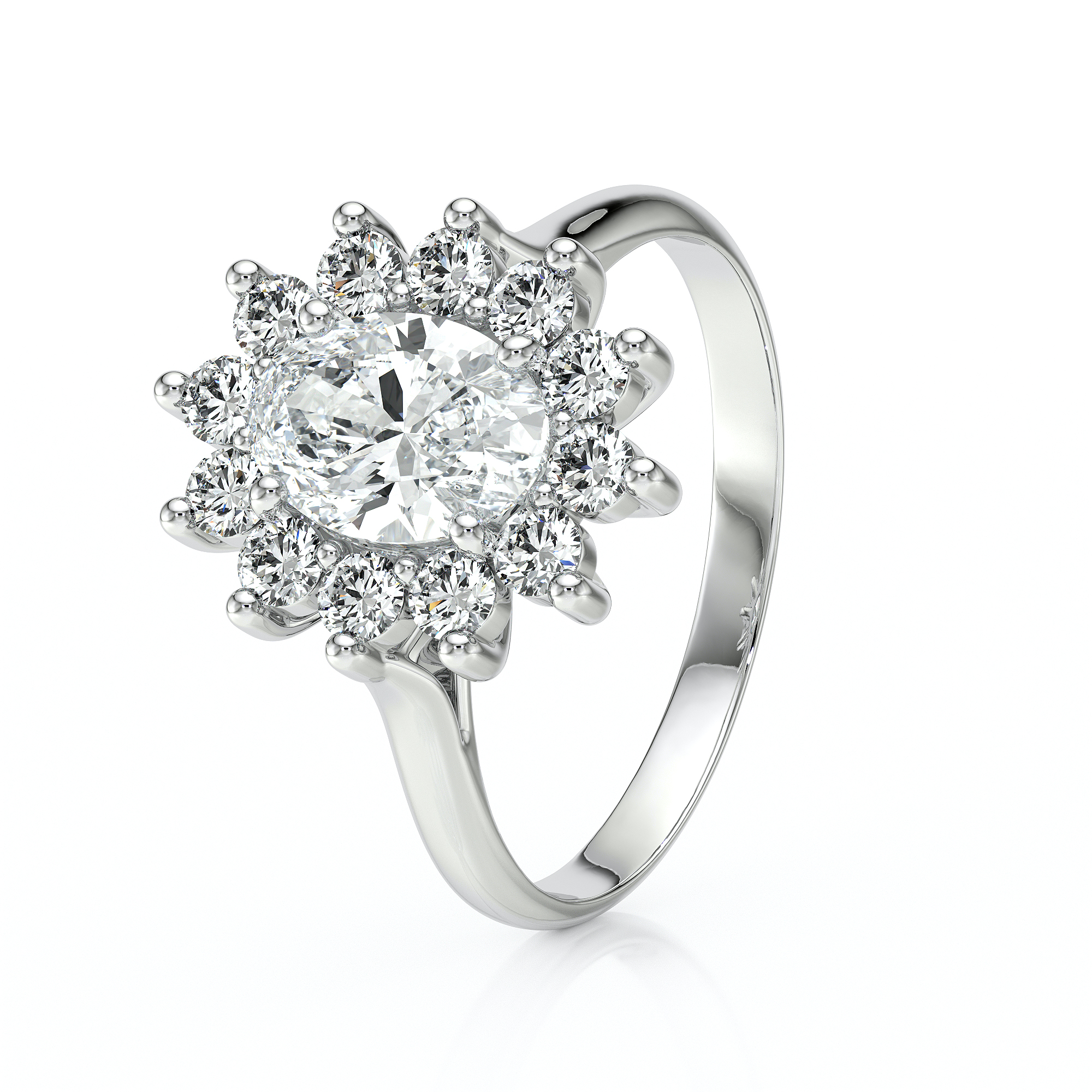 Bague en or blanc ornée d'un diamant central en taille ovale entouré de brillants, créant un effet éblouissant. Parfaite pour les fiançailles ou les occasions spéciales, ce bijou allie élégance et brillance, un choix incontournable pour tous ceux qui recherchent l'exceptionnel. Modèle + diamant.