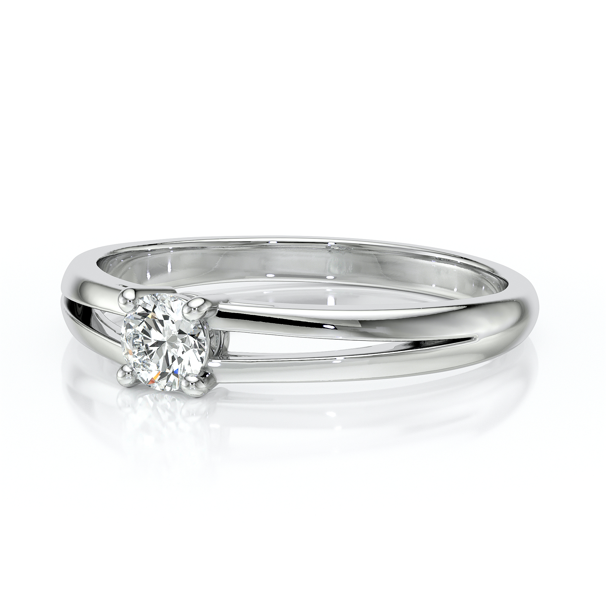 Bague en argent avec un diamant brillant monté en forme de solitaire. Ce modèle élégant présente un design moderne, mettant en valeur la pierre précieuse au centre, idéale pour les fiançailles ou comme bijou de luxe.