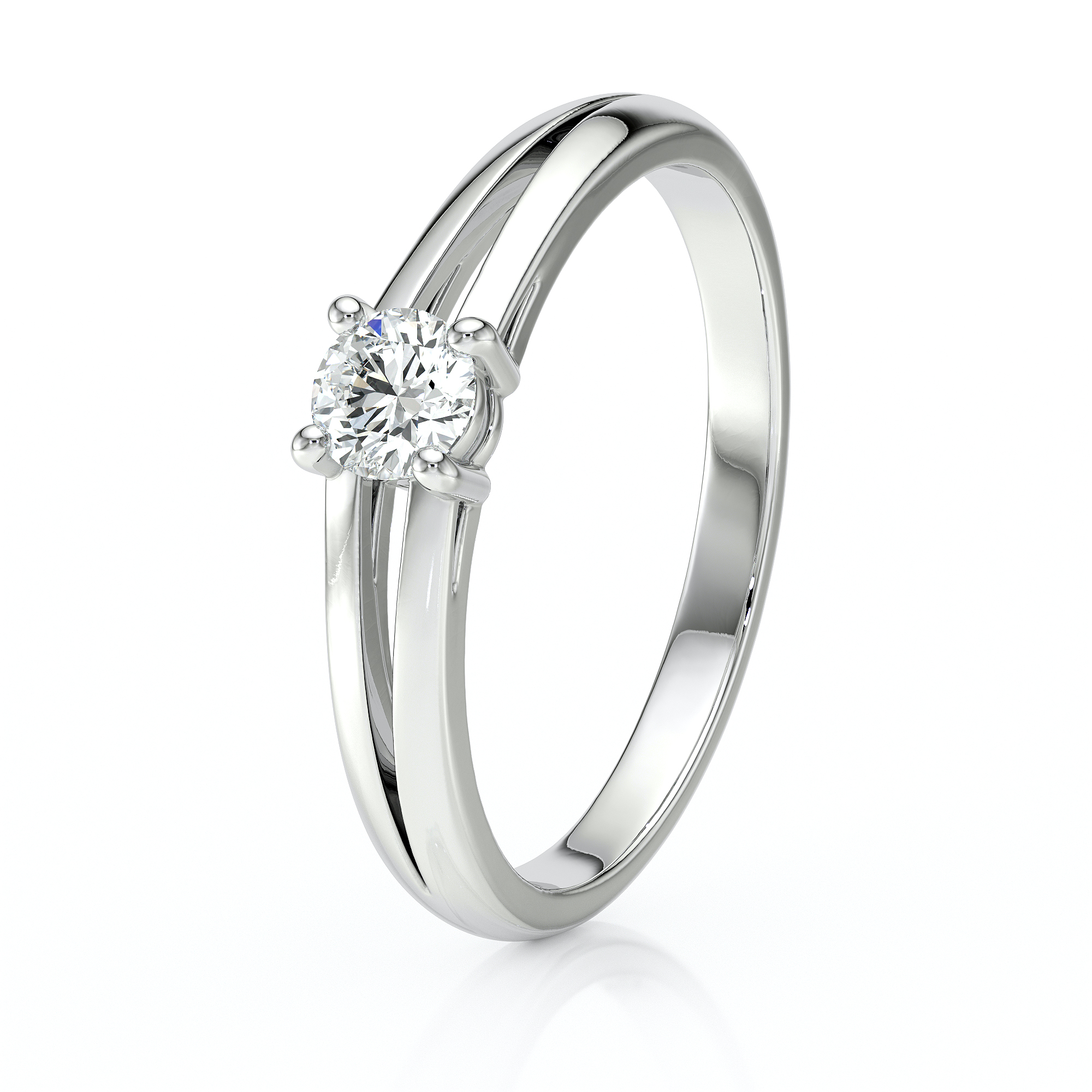 Bague en or blanc classique avec un diamant brillant au centre, style moderne, design élégant, parfaite pour une demande en mariage ou une occasion spéciale, mettant en valeur la beauté et l'éclat du diamant.