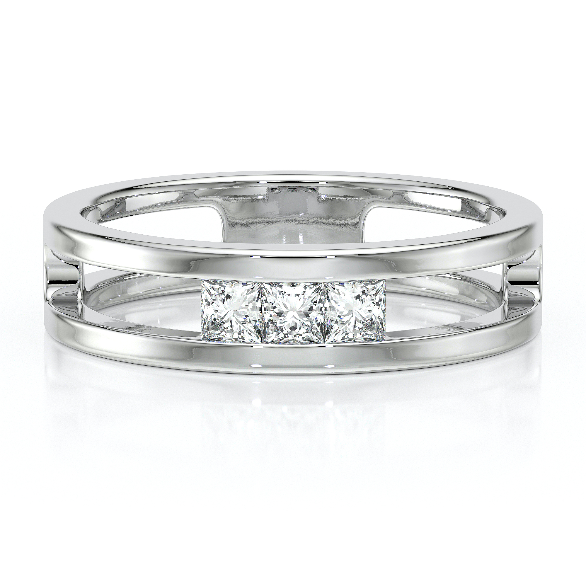 Bague en or blanc moderne avec trois diamants taille princesse au centre, design élégant et minimaliste, idéale comme bague de fiançailles ou pour un cadeau spécial, mettant en valeur le brillant et la pureté des pierres. Modèle + diamant.