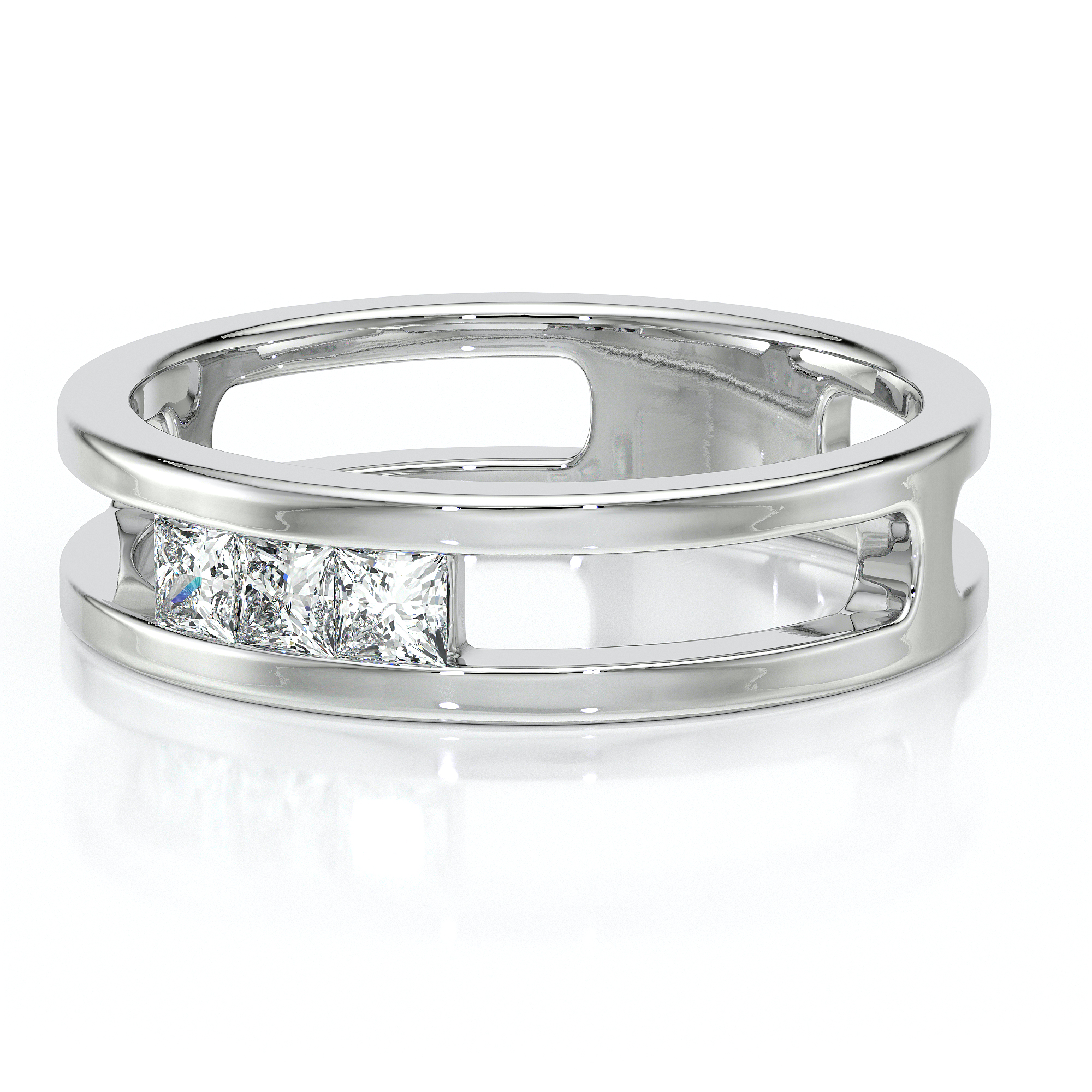 Bague en métal précieux avec un design moderne et épuré, ornée de diamants taillés en princesse, parfaite pour un mariage ou des occasions spéciales. Cette bijouterie raffinée offre une élégance intemporelle tout en étant un symbole d'amour et d'engagement, idéale pour ceux qui recherchent un accessoire unique et sophistiqué.