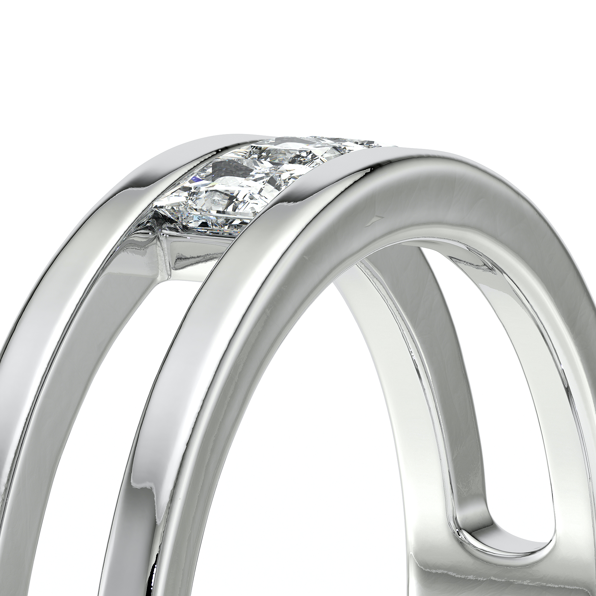 Bague en argent avec un design élégant, mettant en valeur un diamant carré brillant au centre, idéale pour une demande en mariage ou comme bijou de luxe, représentant l'amour et l'engagement.