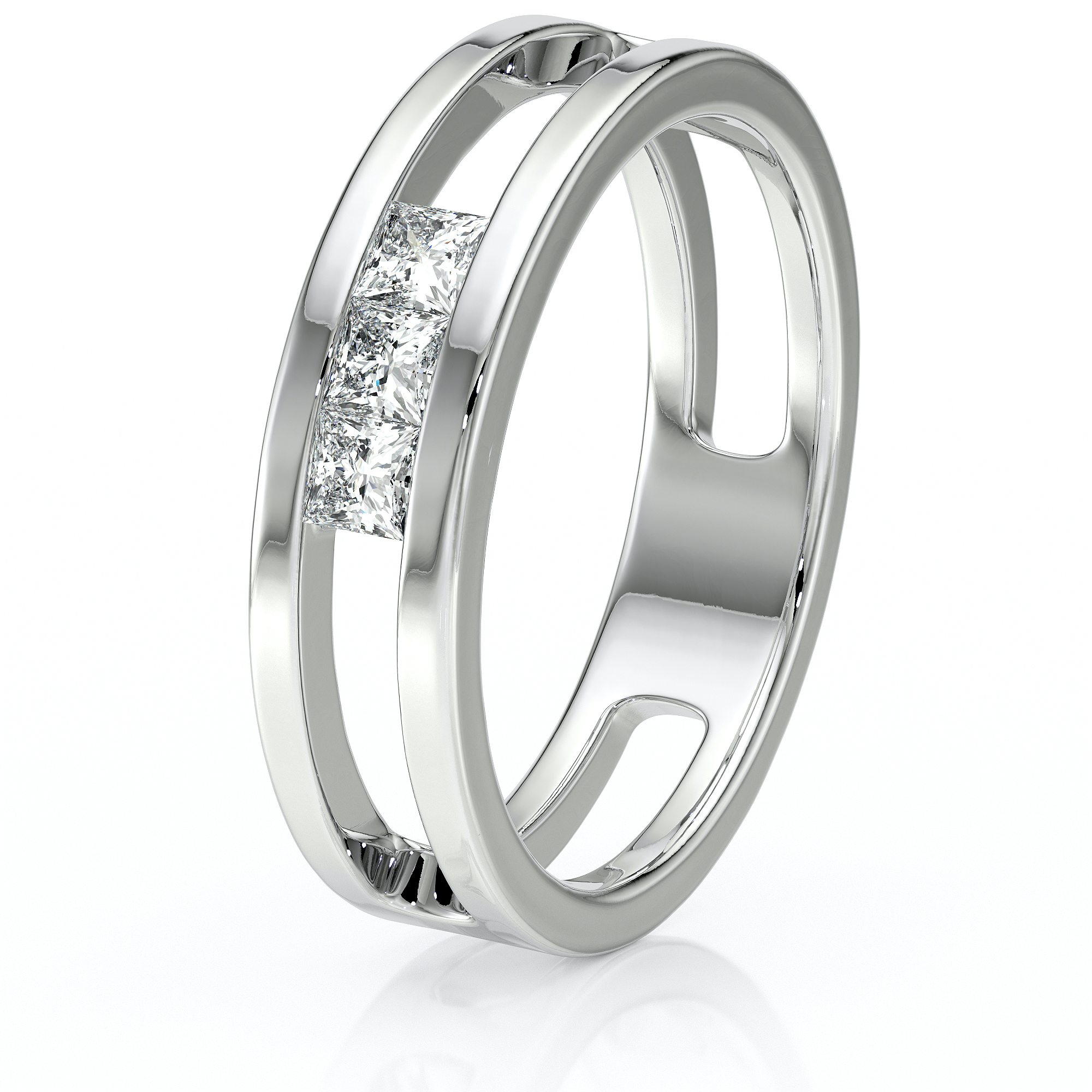 Bague en argent massif avec un design moderne, mettant en valeur des diamants en taille princesse, exemplaire de sophistication et d'élégance. Idéale pour les fiançailles ou les occasions spéciales, ce modèle offre un éclat intemporel et une touche raffinée pour ceux qui recherchent une pièce unique et stylée.