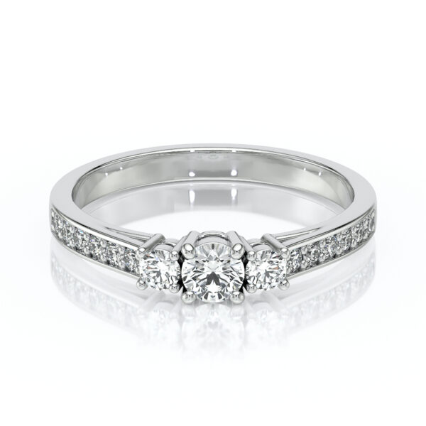 Bague en or blanc avec un diamant central rond, entouré de deux diamants plus petits et ornée de diamants sur les côtés. Parfaite pour un engagement ou une occasion spéciale, ce modèle élégant met en valeur la brillance et la clarté des diamants, symbolisant l'amour et l'éternité. Cette joaillerie sophistiquée est idéale pour les amateurs de designs raffinés.
