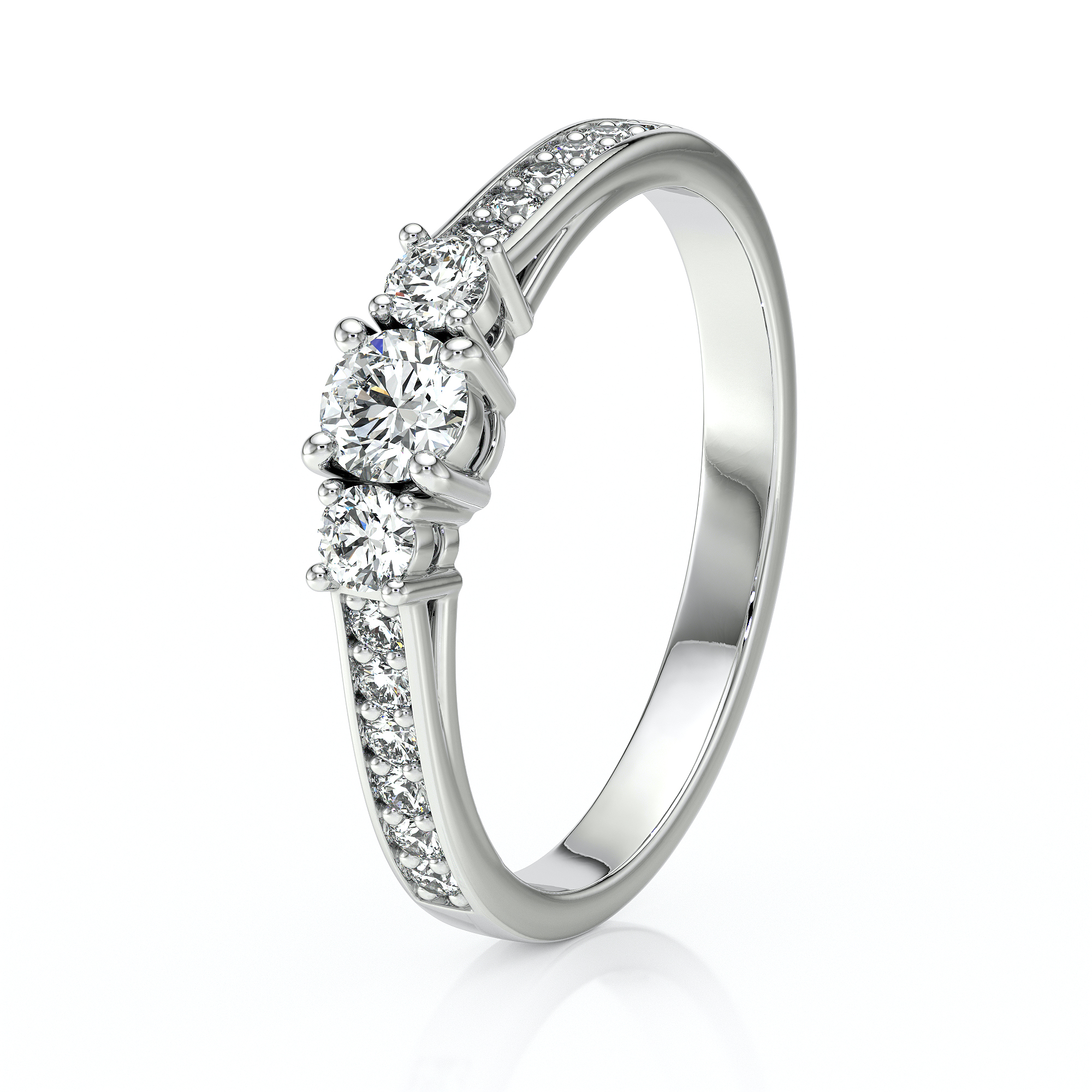 Bague de fiançailles en or blanc avec un diamant central brillant entouré de petits diamants sur les côtés, design élégant et moderne, symbole d'amour éternel, parfaite pour un engagement ou une occasion spéciale.
