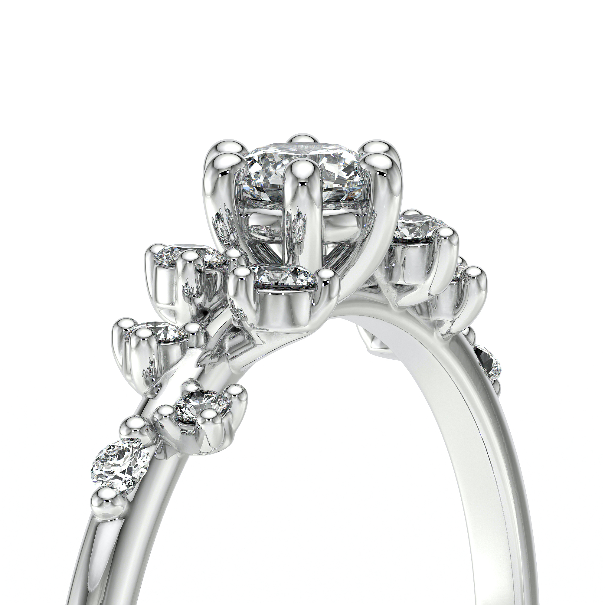 Bague de fiançailles en argent blanc ornée de diamants brillants, présentant un design élégant avec un diamant central entouré de plusieurs petits diamants montés en griffes, visuellement captivante et symbolisant l'amour éternel, idéale pour les demandes en mariage et les occasions spéciales.