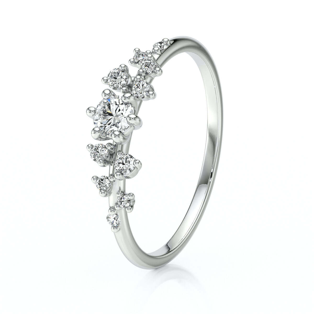 Bague en or blanc sertie de diamants, avec un design élégant mettant en valeur un diamant central entouré de plusieurs petites pierres précieuses, parfaite pour les fiançailles ou comme bijou de luxe. Modèle + diamant.