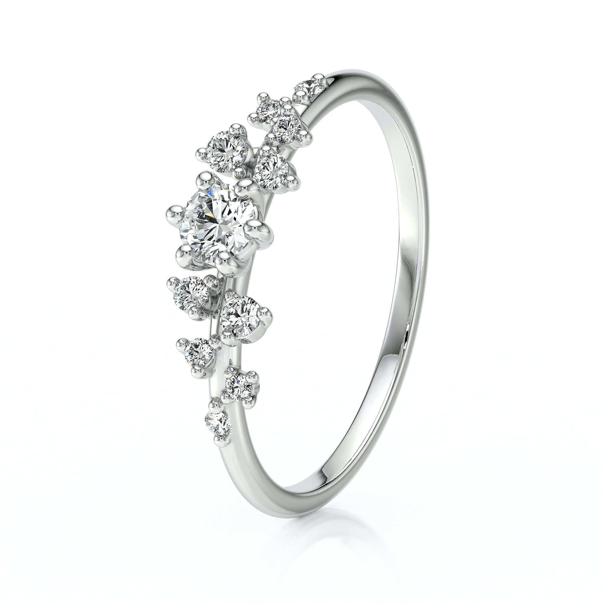 Bague en or blanc sertie de diamants, avec un design élégant mettant en valeur un diamant central entouré de plusieurs petites pierres précieuses, parfaite pour les fiançailles ou comme bijou de luxe. Modèle + diamant.