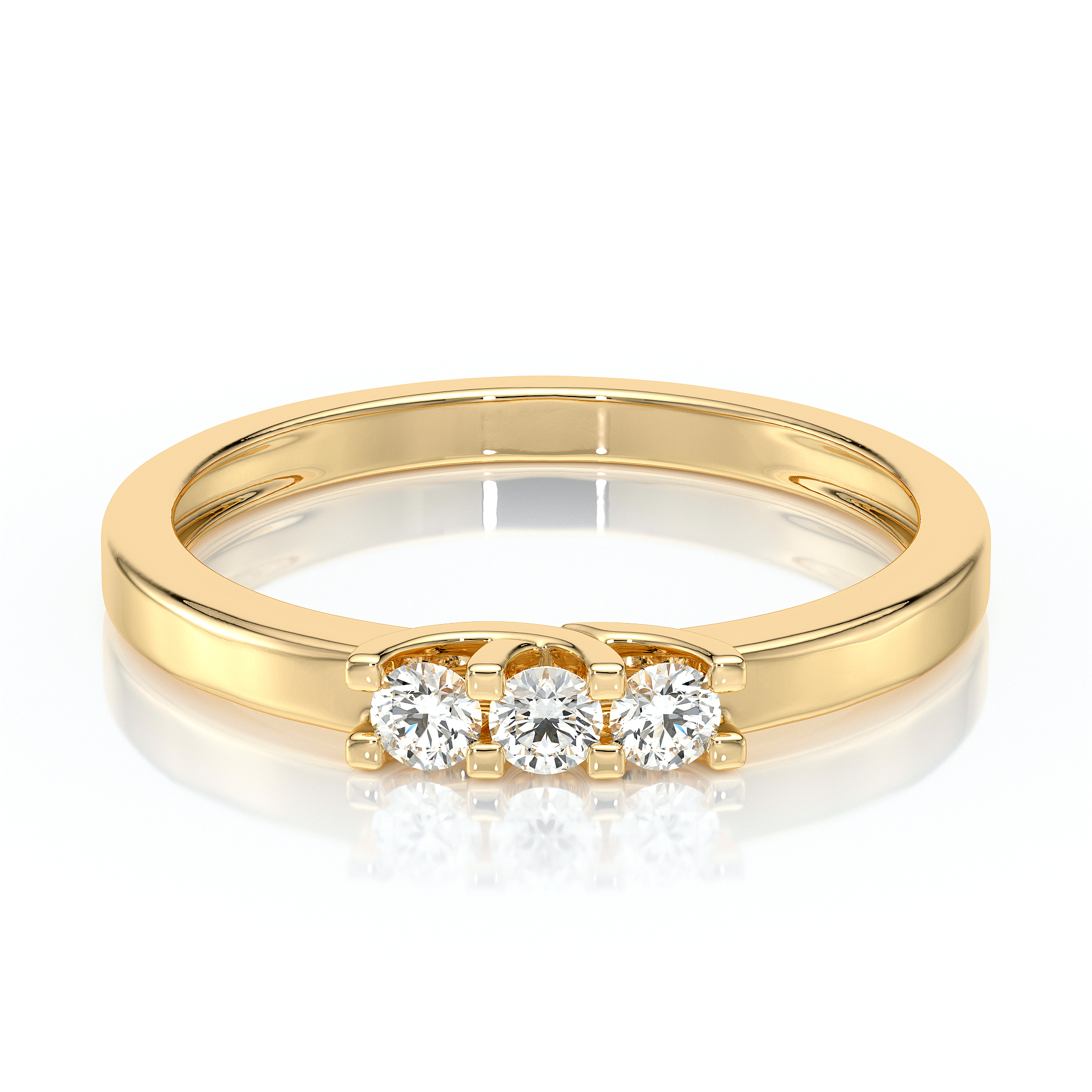 Bague en or jaune avec trois diamants brillants montés en ligne, symbolisant l'amour éternel et l'élégance. Parfaite pour des occasions spéciales comme un engagement ou un anniversaire, cette bague associe un design classique à une finition moderne, idéale pour toutes les fashionistas cherchant une pièce intemporelle.