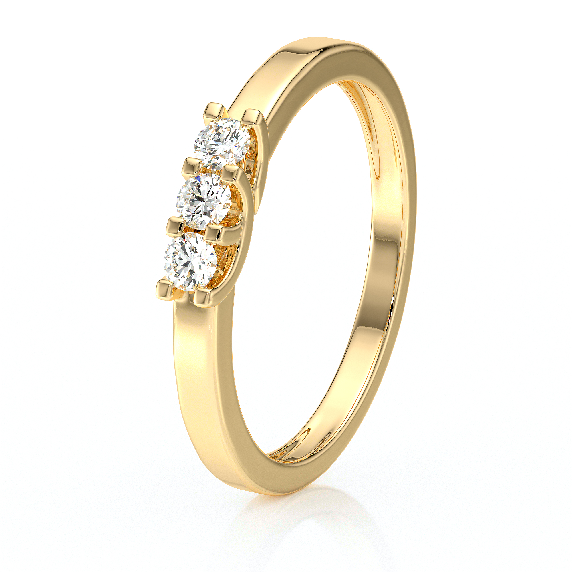 Bague en or jaune, ornée de trois diamants brillants, design élégant et intemporel, parfaite pour les fiançailles ou un cadeau spécial, bijou de luxe.