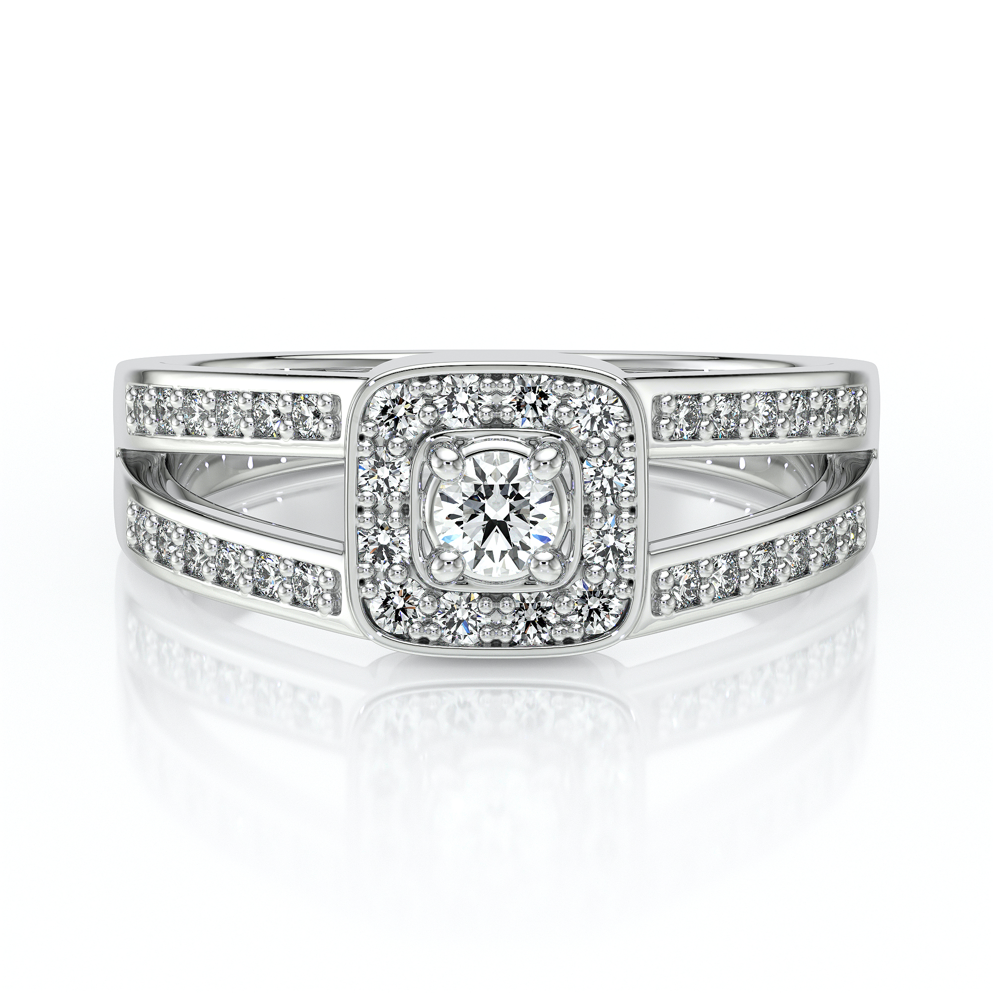 Bague en argent ornée d'un diamant central entouré de pierres brillantes, modèle élégant et contemporain. Design sophistiqué avec des détails en pavé qui rehausse le style et l'éclat. Idéale pour des choix de fiançailles ou de bijoux de luxe.