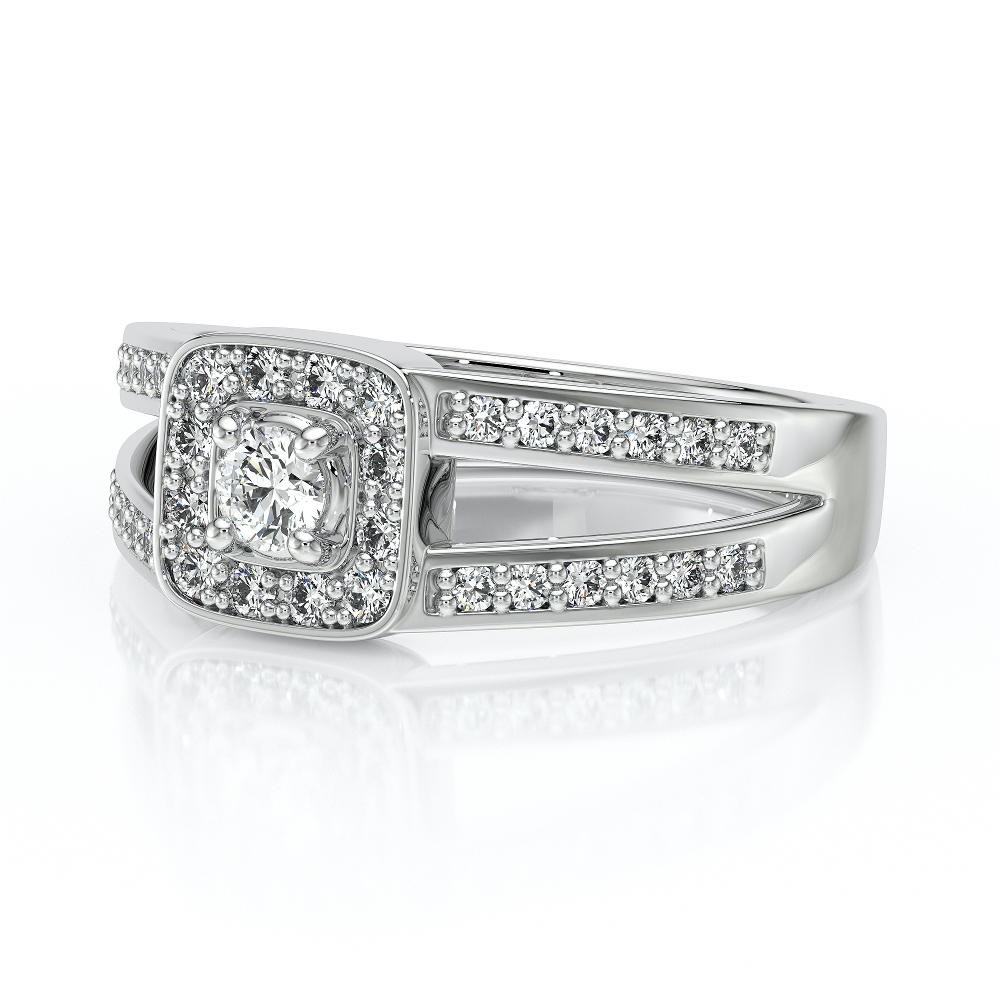 Bague en or blanc moderne avec un diamant central carré et des diamants sertis sur le contour et le long des bras, parfaite pour les fiançailles ou comme bijou élégant. Idéale pour les amateurs de joaillerie sophistiquée et les cadeaux romantiques.