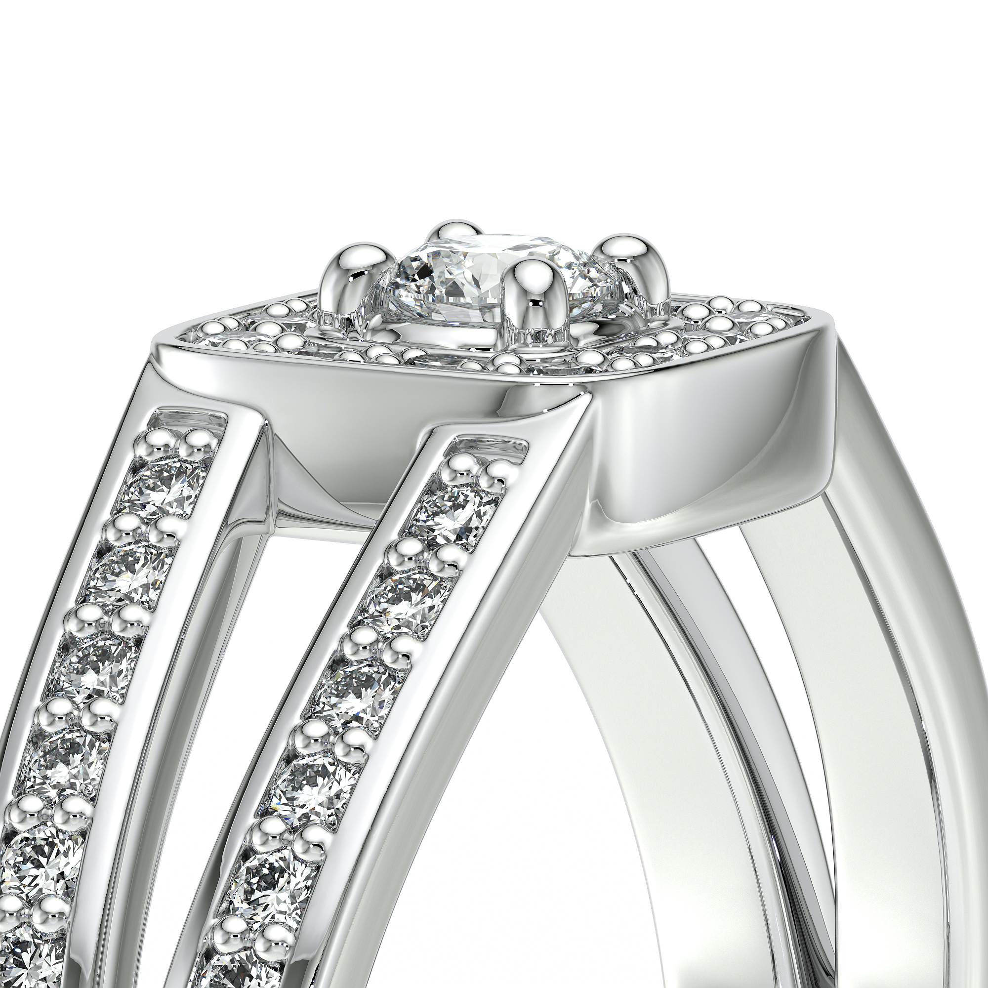 Bague moderne en or blanc avec un design élégant et unique, ornée d'un diamant central brillant et de plusieurs diamants sertis sur les côtés. Idéale pour les fiançailles ou comme bijou de luxe, cette bague incarne le glamour et l'élégance avec son finition polie et ses détails sophistiqués, parfaits pour les passionnés de bijoux de haute qualité.