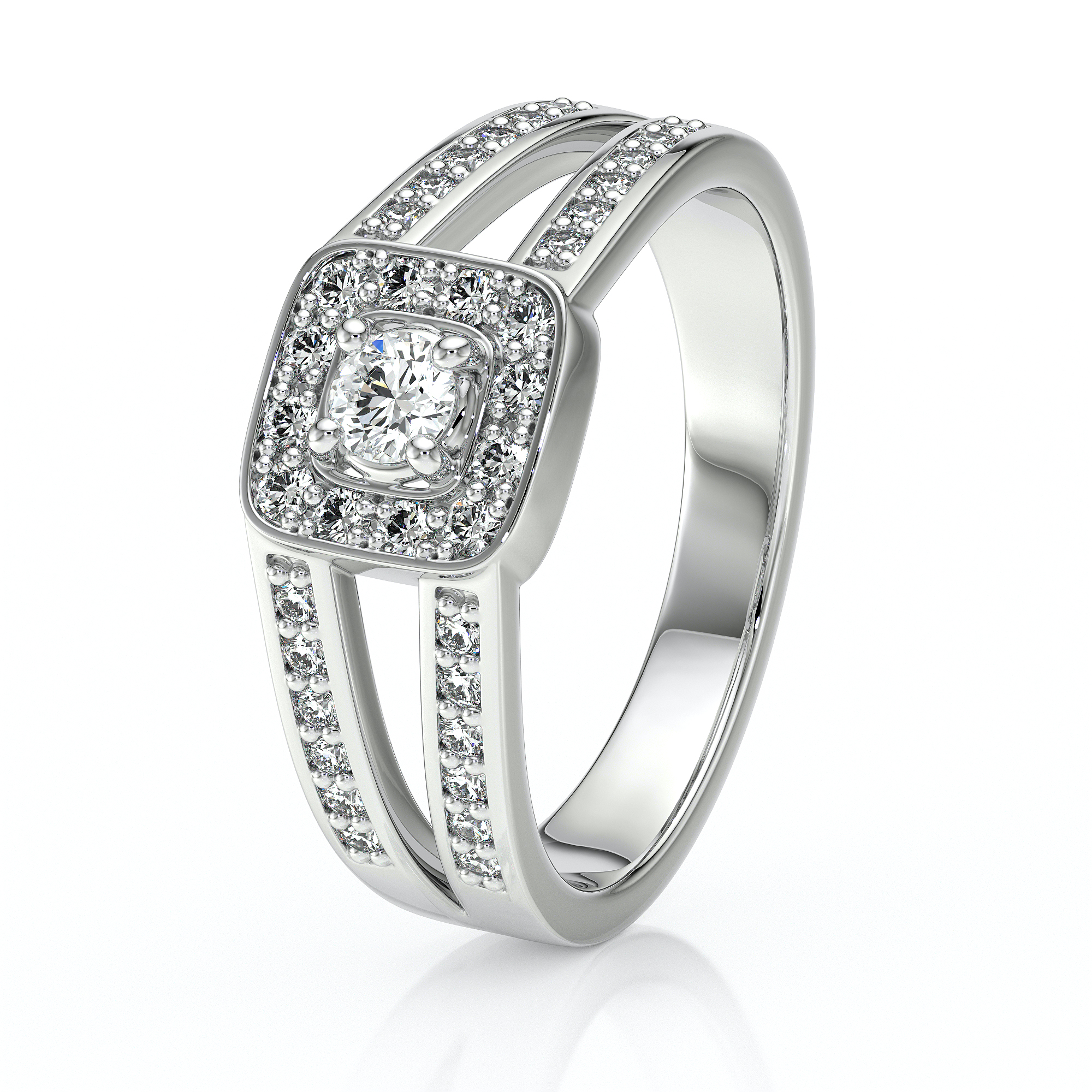 Bague en argent moderne avec design élégant, ornée d'un diamant central carré et de nombreux petits diamants sur les côtés, parfaite pour des occasions spéciales comme les fiançailles ou les anniversaires. Ce modèle unique, avec le diamant scintillant, évoque luxe et romantisme.