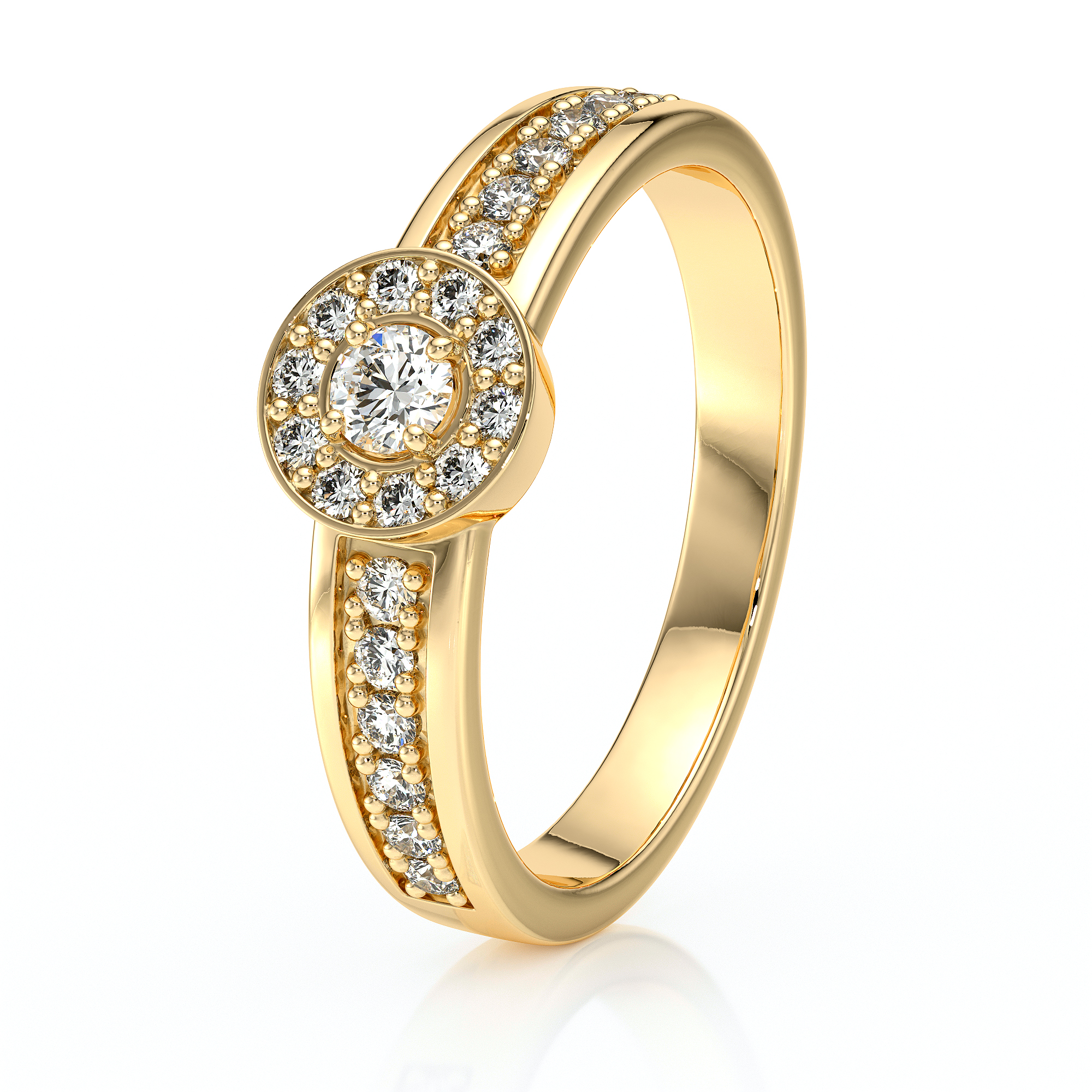 Bague en or avec un design élégant, ornée d'un diamant central entouré de diamants supplémentaires, idéale pour une proposition de mariage ou une occasion spéciale. Modèle chic + diamant, parfaite pour ajouter une touche de brillance à toute tenue.