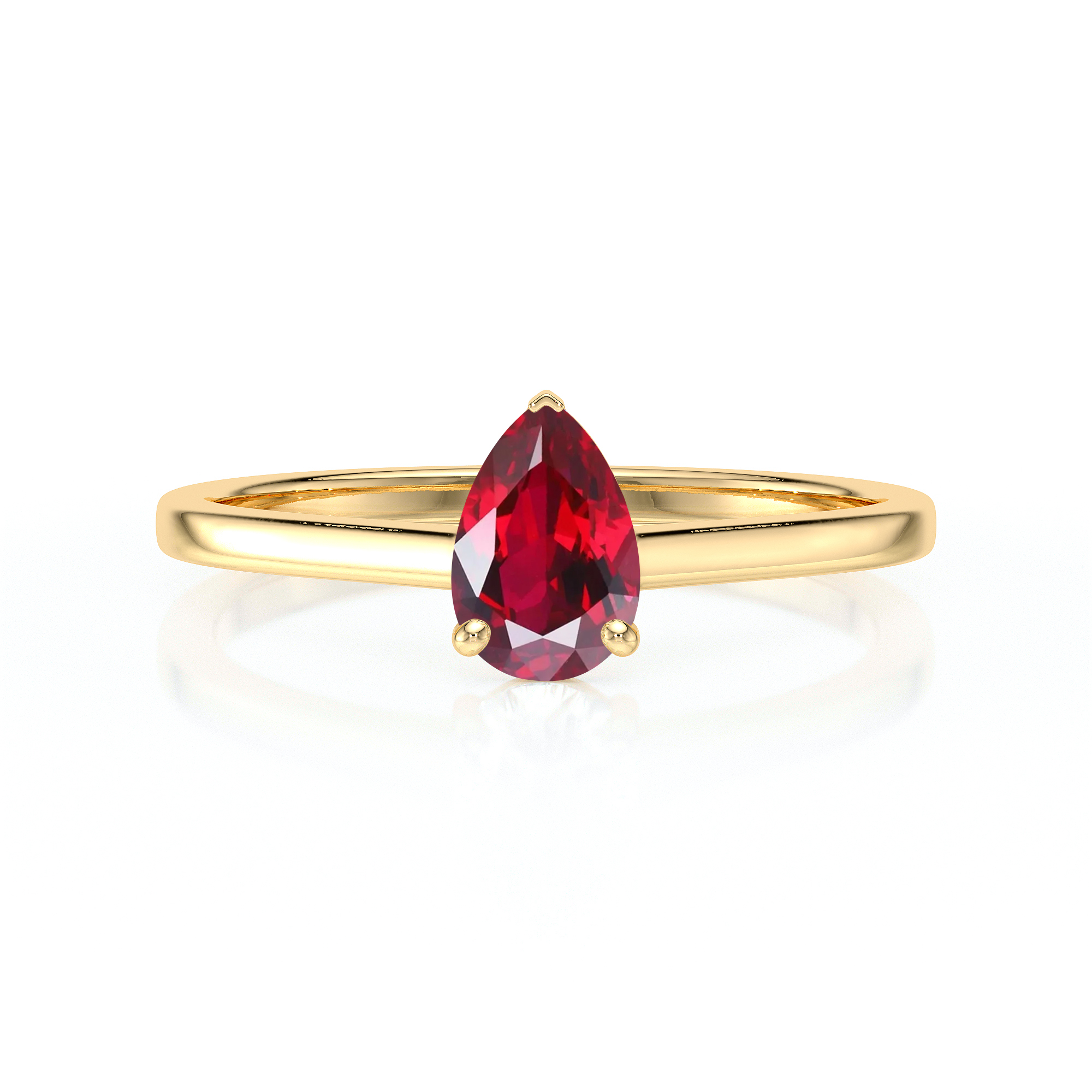 Bague en or avec une pierre précieuse en forme de poire de couleur rouge vif, idéale pour une proposition ou une occasion spéciale. Ce modèle élégant associe sophistication et romantisme, mettant en avant la brillance du rubis au centre.