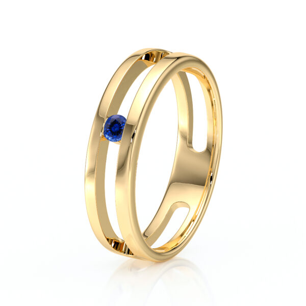 Bague en or moderne avec design contemporain, mettant en valeur un diamant bleu, parfaite pour les fiançailles ou comme bijou élégant. Cette bague en or combine sophistication et style, idéale pour les amateurs de bijoux raffinés.