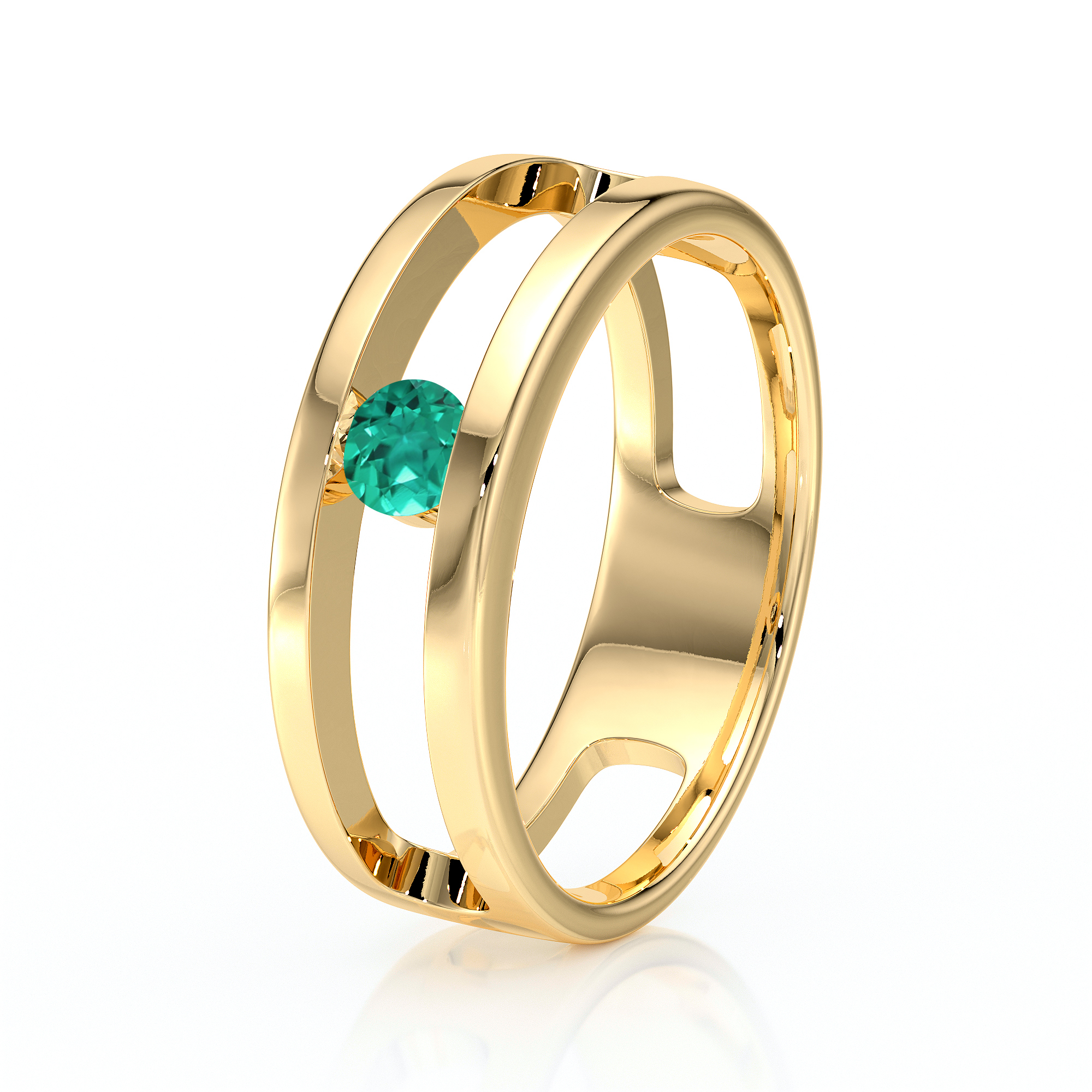 Bague en or moderne avec un design élégant, présentant un élégant diamant vert au centre, idéale pour un cadeau ou une occasion spéciale, symbole d'amour et de sophistication.