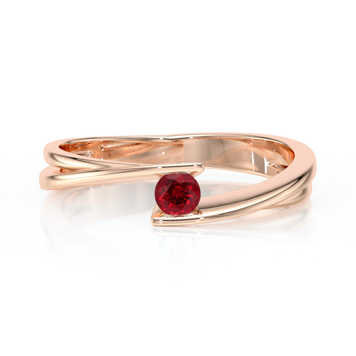 Bague en or rose élégant avec un design moderne, présentant un diamant rouge rond au centre, symbole d'amour et de passion. Idéale pour les fiançailles ou les occasions spéciales, cette bague se distingue par son style unique et contemporain.