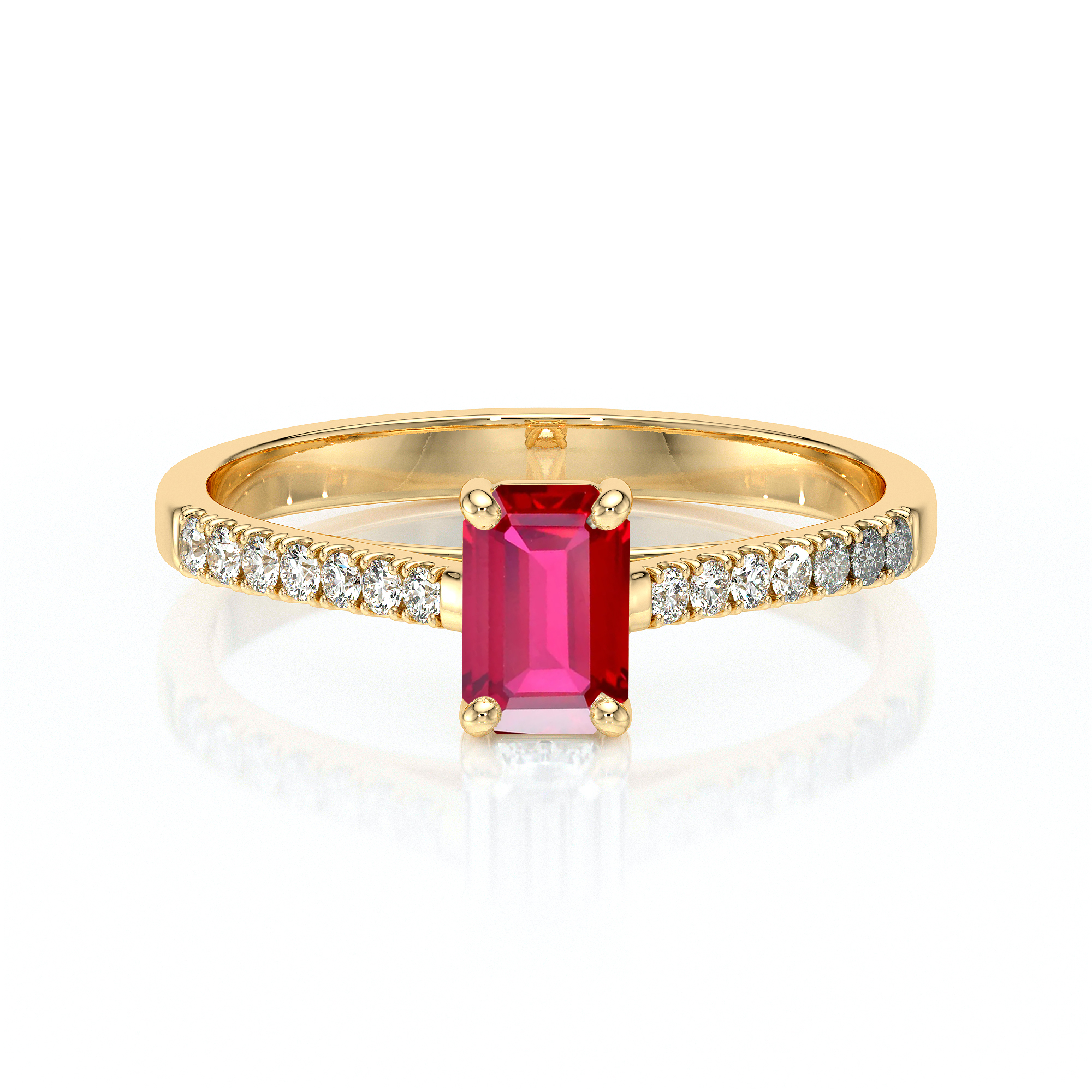 Bague en or avec un diamant rouge en taille émeraude au centre, entourée de diamants scintillants sur le bandeau, idéale pour une demande en mariage ou une occasion spéciale.