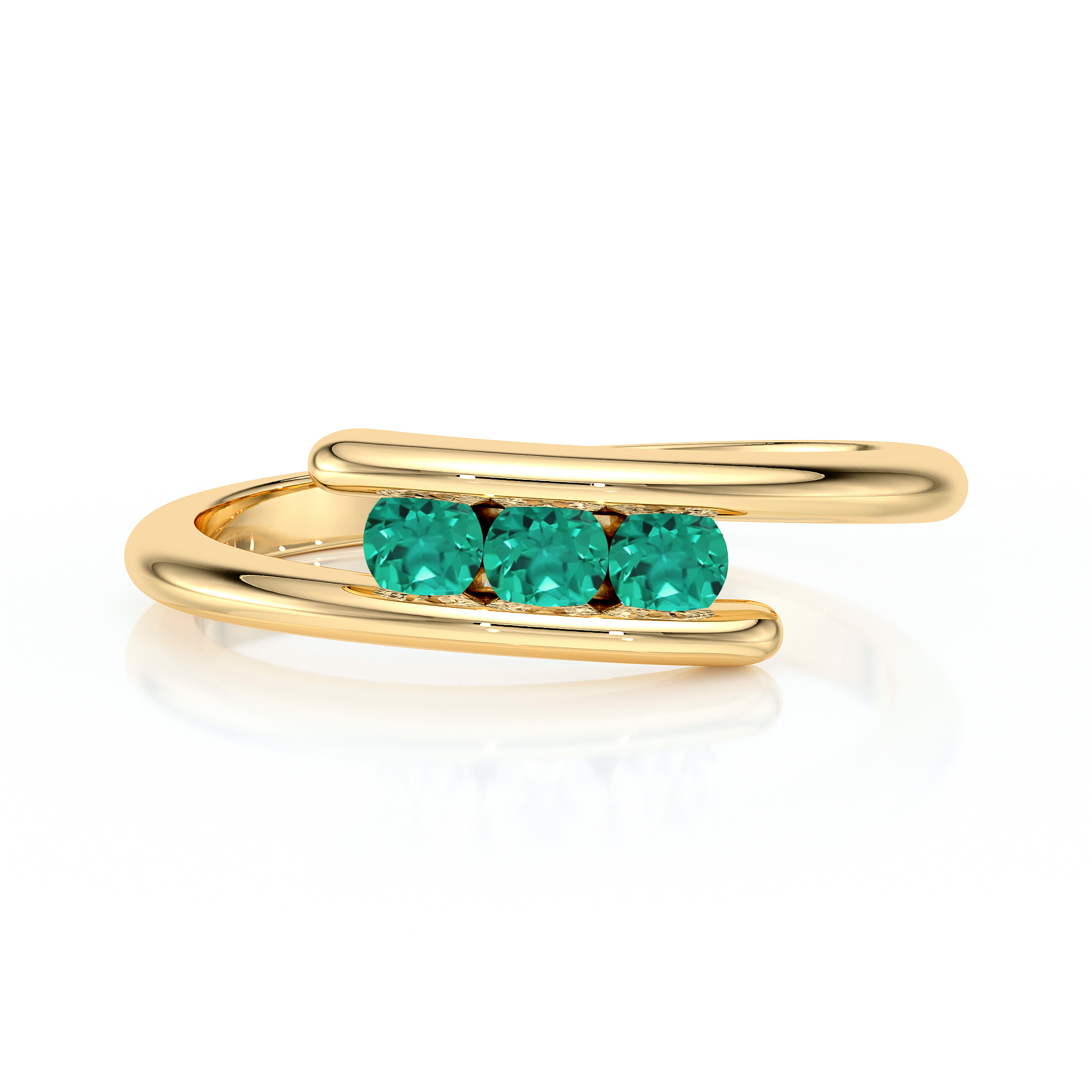 Bague en or avec un design contemporain, ornée de trois diamants de couleur turquoise, illustrant une esthétique moderne et élégante. Parfaite pour les occasions spéciales ou comme accessoire de mode quotidien, ajoutant une touche de sophistication à toute tenue, modèle + diamant.