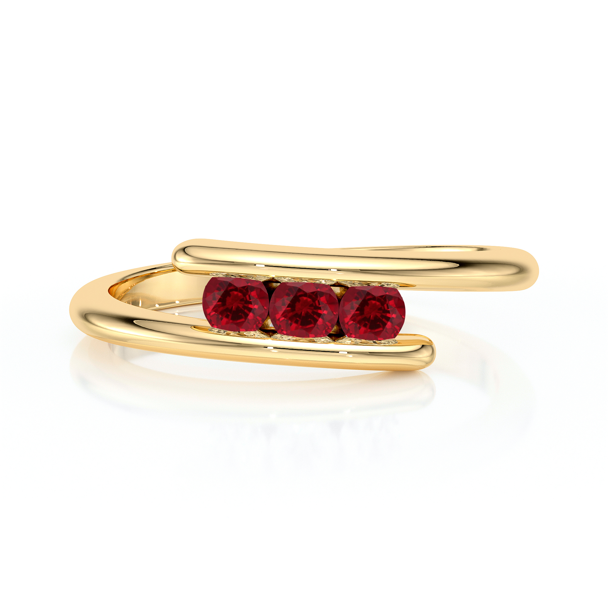 Bague en or élégante avec trois rubis rouges éclatants, conçue dans un design moderne et distinctif. Cette bague, idéale pour un cadeau spécial ou un accessoire de mode, met en valeur un style sophistiqué et raffiné.