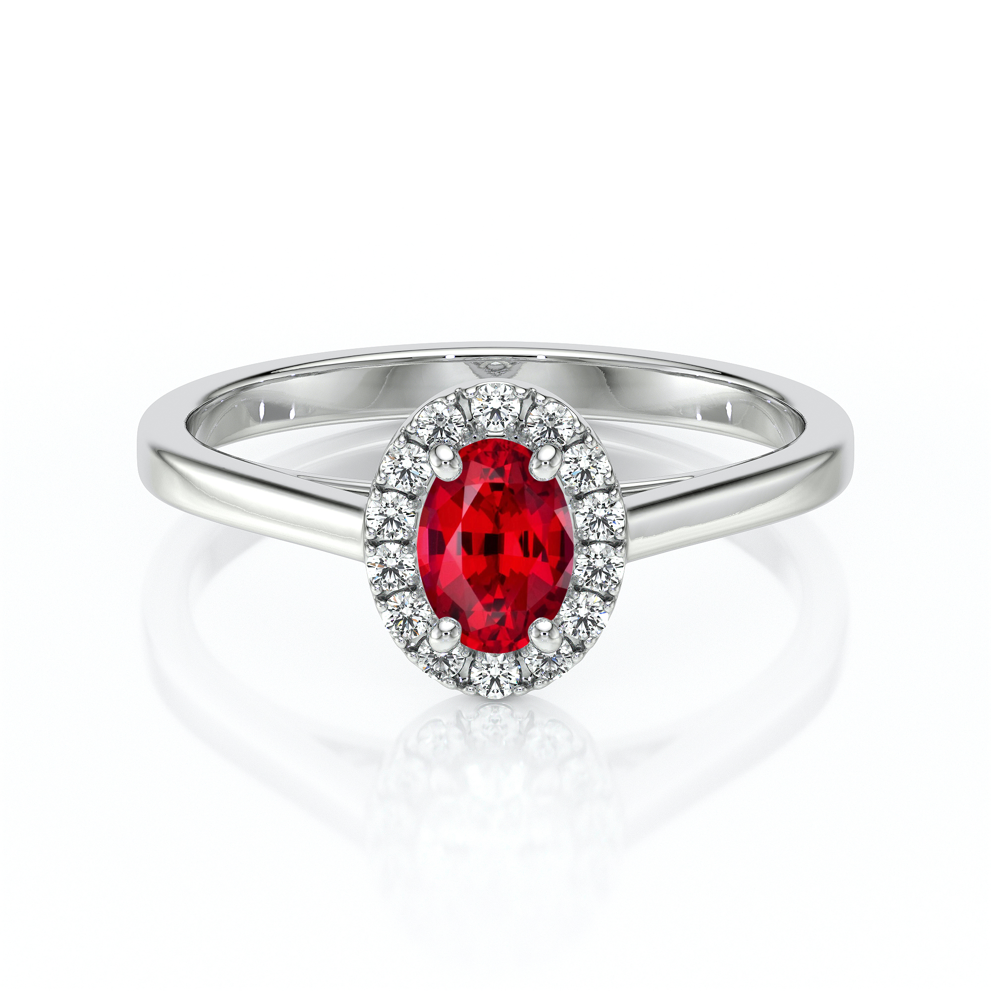 Bague en or blanc avec un saphir rouge central oval entouré de diamants scintillants. Idéale pour les fiançailles ou les occasions spéciales, cette bague de design élégant et intemporel met en valeur le contraste entre le rouge vibrant du saphir et l'éclat des diamants. Modèle + diamant.