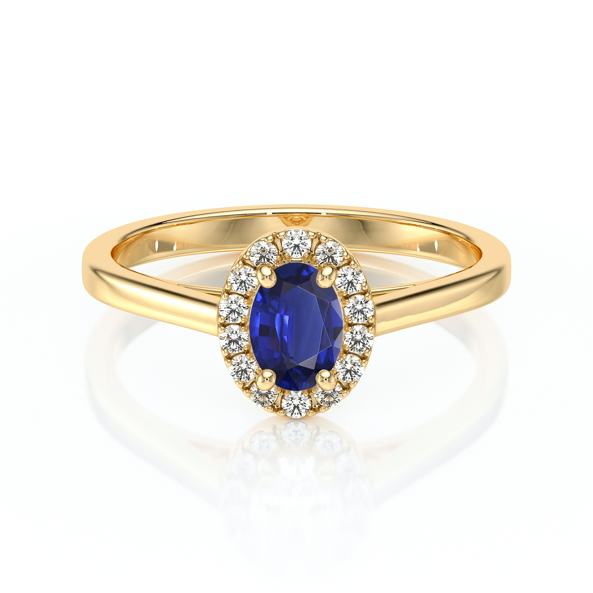 Bague en or avec un saphir bleu oval, entouré de diamants brillants, design élégant et intemporel, idéale pour une proposition ou un cadeau spécial, bijou de luxe.