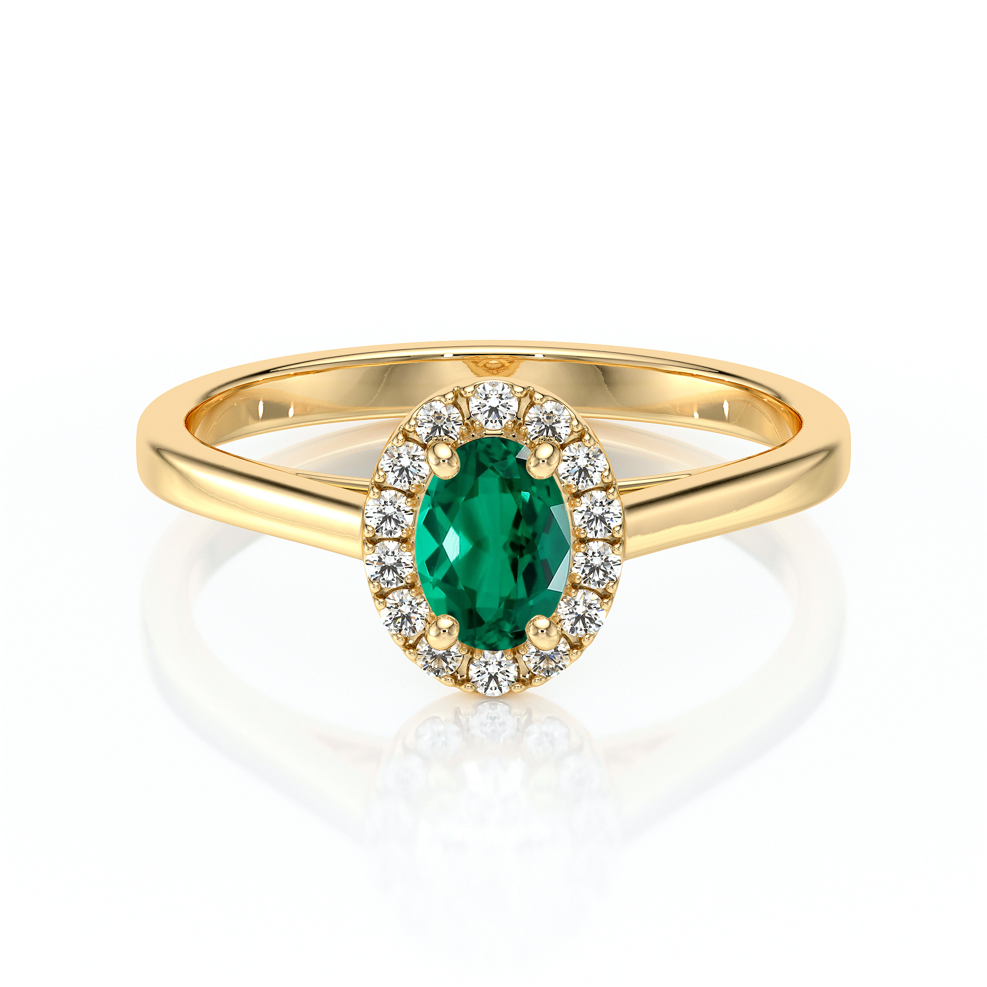 Bague en or avec une pierre précieuse verte ovale au centre entourée de diamant, modèle élégant et raffiné, idéale pour les fiançailles ou les occasions spéciales. Design contemporain avec une touche classique, parfait pour les amoureux de bijoux uniques.