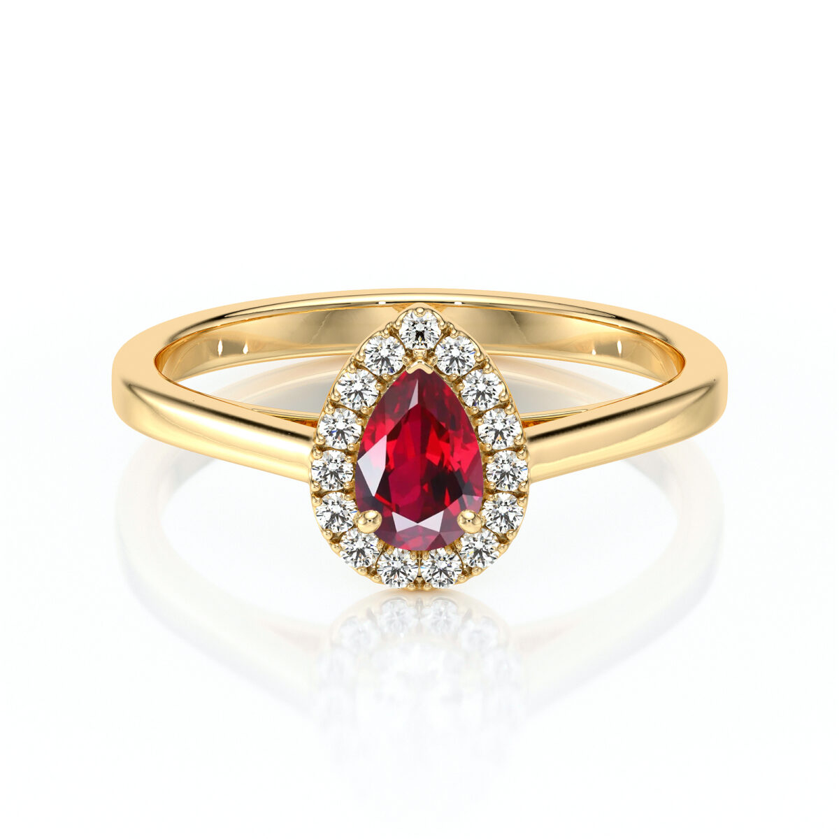 Bague en or avec une pierre précieuse rouge en forme de poire, entourée de diamants, symbolisant l'amour et l'élégance, idéale pour une demande en mariage ou une occasion spéciale.