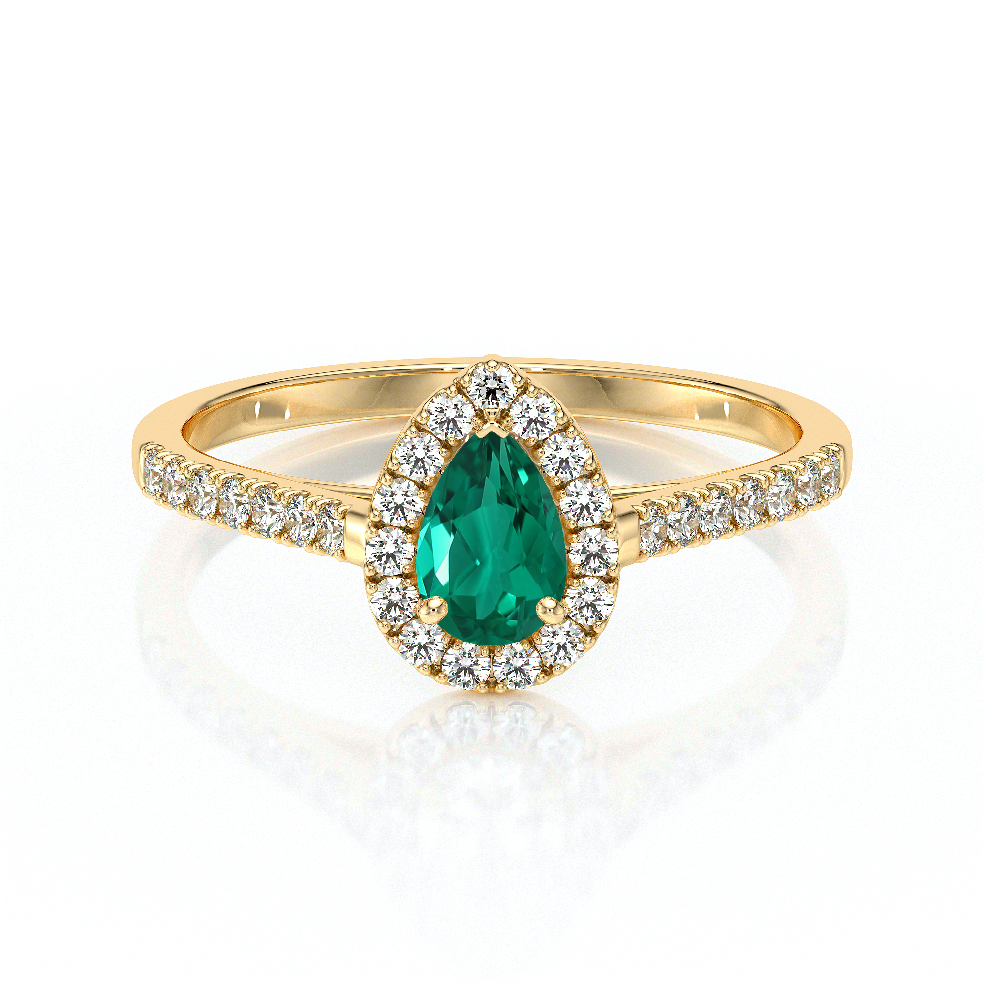 Bague en or jaune ornée d'une magnifique pierre précieuse en forme de poire, de couleur verte, entourée de diamants étincelants. Ce bijou élégant est parfait pour les fiançailles ou les occasions spéciales, alliant le luxe et le raffinement. Modèle : bague en or avec diamant.