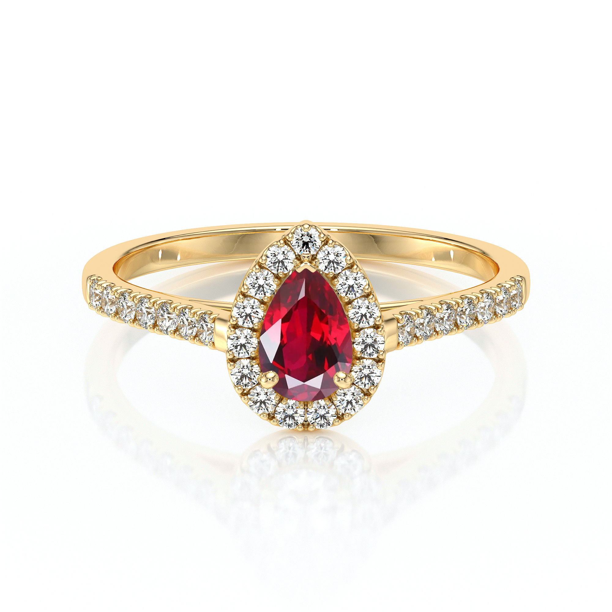 Bague en or avec une pierre précieuse en forme de poire, rubis rouge entouré de diamants scintillants sur les côtés, parfaite pour une déclaration d'amour ou un événement spécial, modèle élégant et raffiné.