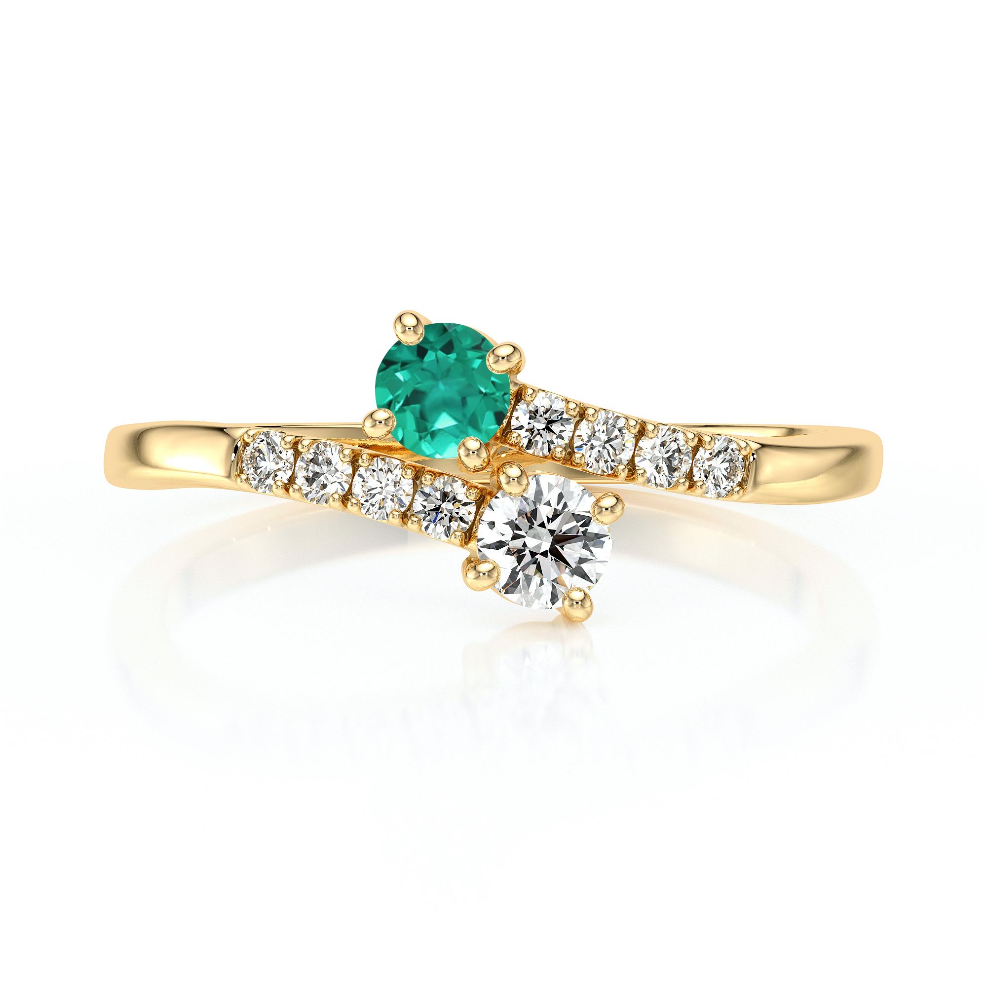 Bague en or avec un design élégant, ornée d'un magnifique émeraude ronde verte et d'un diamant brillant, accompagnée de plusieurs diamants scintillants, symbolisant l'amour et l'engagement. Idéale pour des occasions spéciales, comme des fiançailles ou des anniversaires, cette bague combine luxe et originalité.
