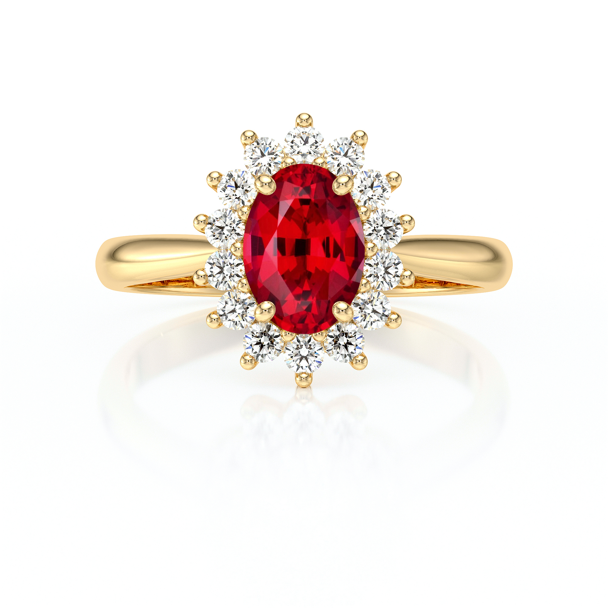 Bague en or jaune ornée d'un rubis ovale central, entouré de diamants étincelants. Ce modèle élégant allie luxe et sophistication, idéal pour des occasions spéciales ou comme bijou de fiançailles.