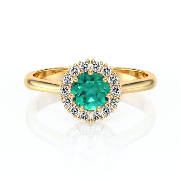 Bague en or avec un design élégant, dotée d'une pierre précieuse turquoise ronde au centre entourée de diamants scintillants, idéale comme bijou de fiançailles ou pour un cadeau raffiné, modèle + diamant.