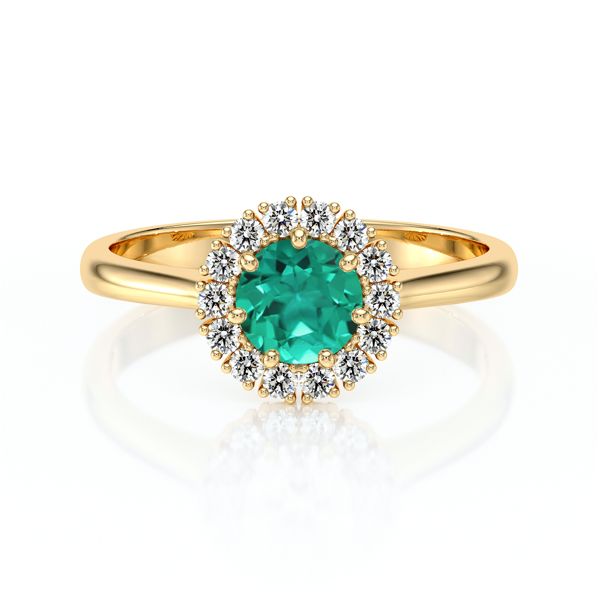 Bague en or avec un design élégant, dotée d'une pierre précieuse turquoise ronde au centre entourée de diamants scintillants, idéale comme bijou de fiançailles ou pour un cadeau raffiné, modèle + diamant.