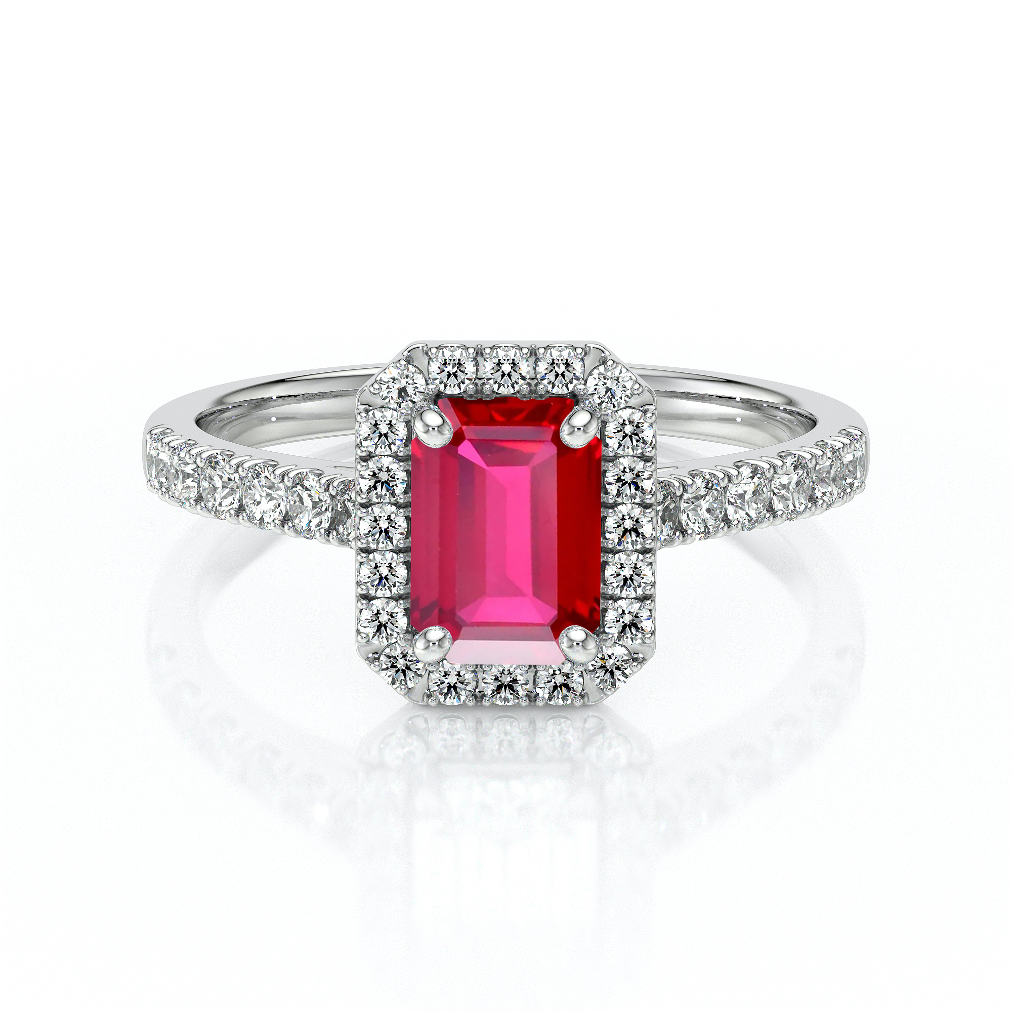 Bague en or blanc ornée d'un saphir rose émeraude, entouré de diamants étincelants. Chaque détail met en valeur le modèle moderne et élégant de la bague, idéale pour un engagement ou une occasion spéciale. Ce bijou est un accessoire parfait alliant luxe et finesse.