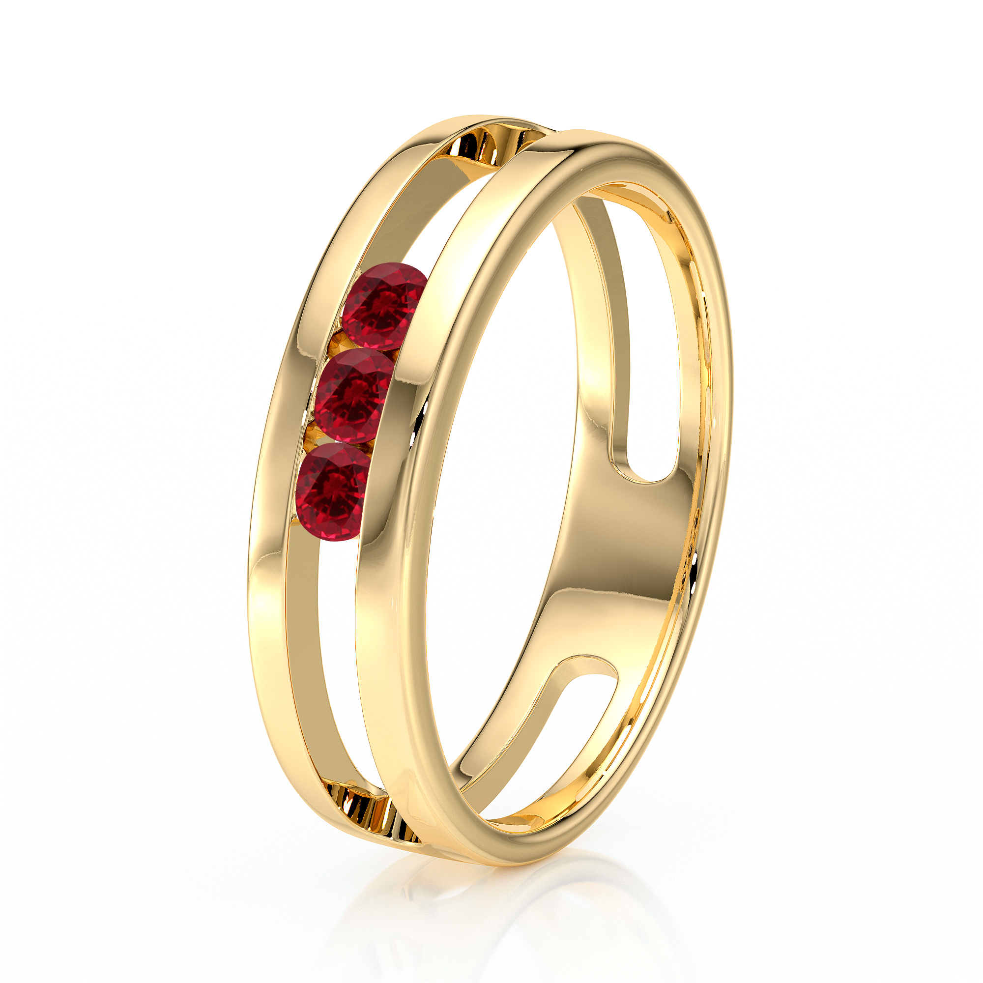 Bague moderne en or avec trois pierres rouges en forme de diamant, design élégant et contemporain, idéale pour les fiançailles ou comme bijou de mode, ajout d'une touche de glamour à toute tenue.