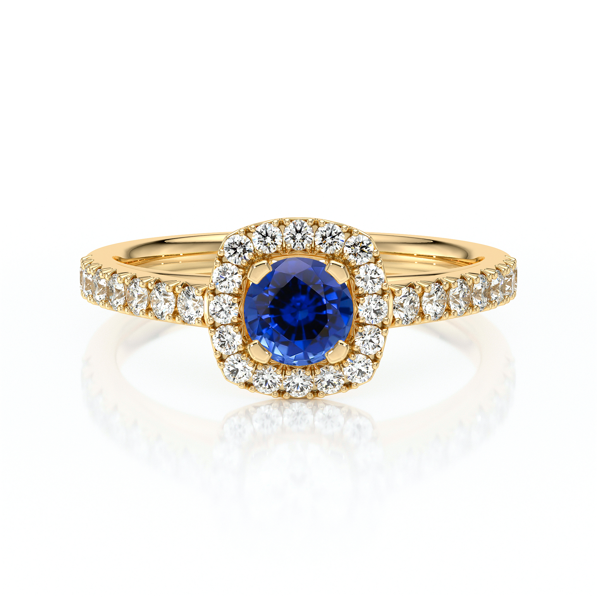 Bague en or avec un diamant central bleu, entourée de diamants scintillants sur un anneau délicat. Idéale pour les fiançailles ou comme bijou de luxe, cette bague allie élégance et sophistication, mettant en valeur la pierre précieuse au centre et le travail artisanal de haute qualité.