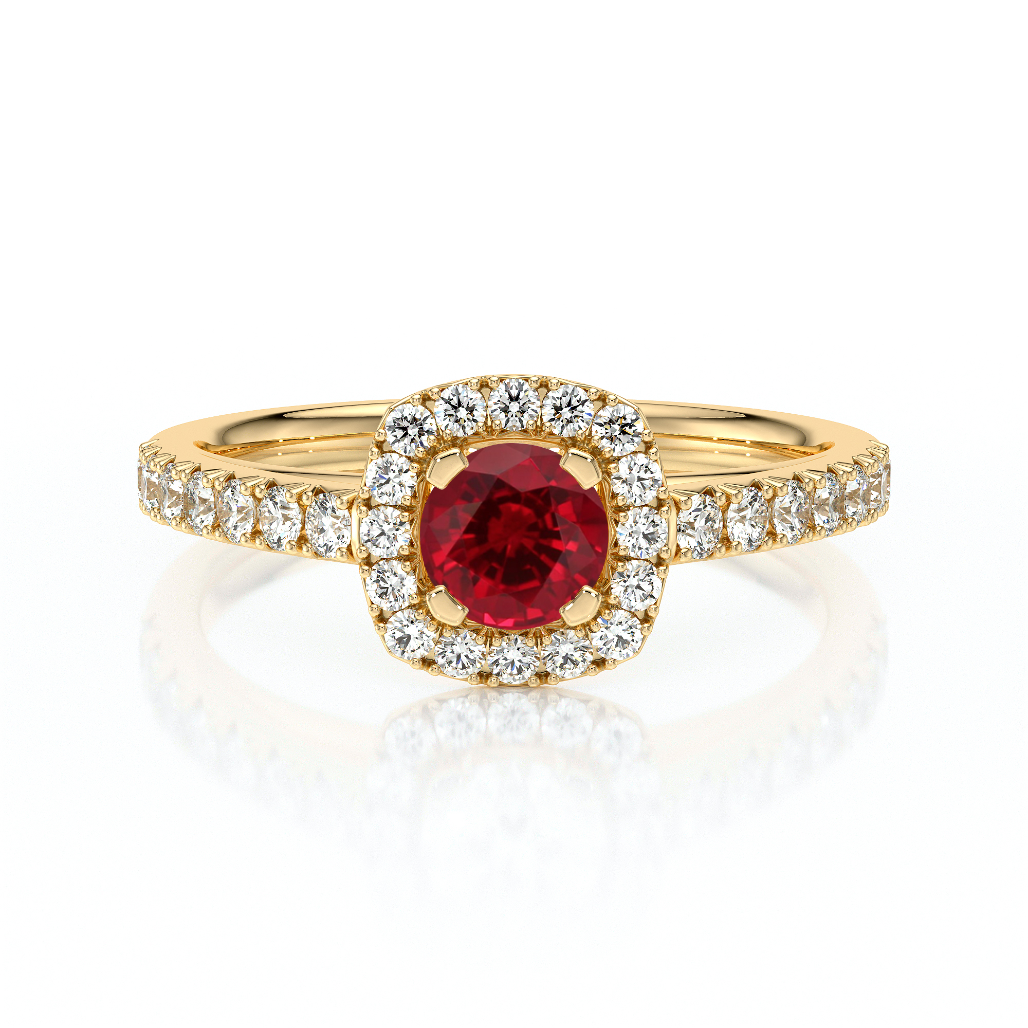 Bague en or jaune ornée d'un magnifique diamant rouge central, entouré de diamants éclatants sur la monture, idéale pour une proposition en mariage ou une occasion spéciale. Modèle + diamant, bague de luxe, bijou contemporain.