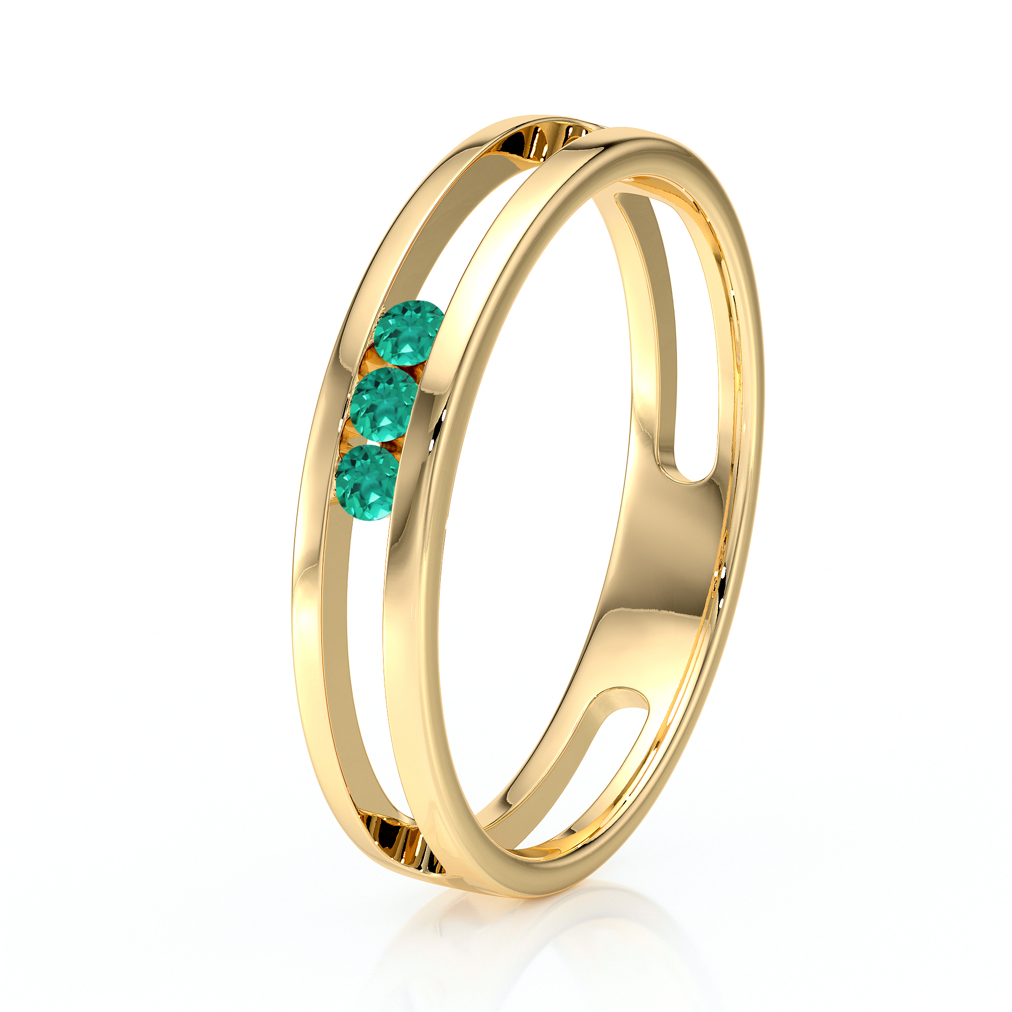 Bague en or avec design moderne, featuring deux bandes dorées entrecroisées ornées de trois pierres précieuses vertes. Un bijou élégant et contemporain idéal pour les occasions spéciales. Mode + Diamant.