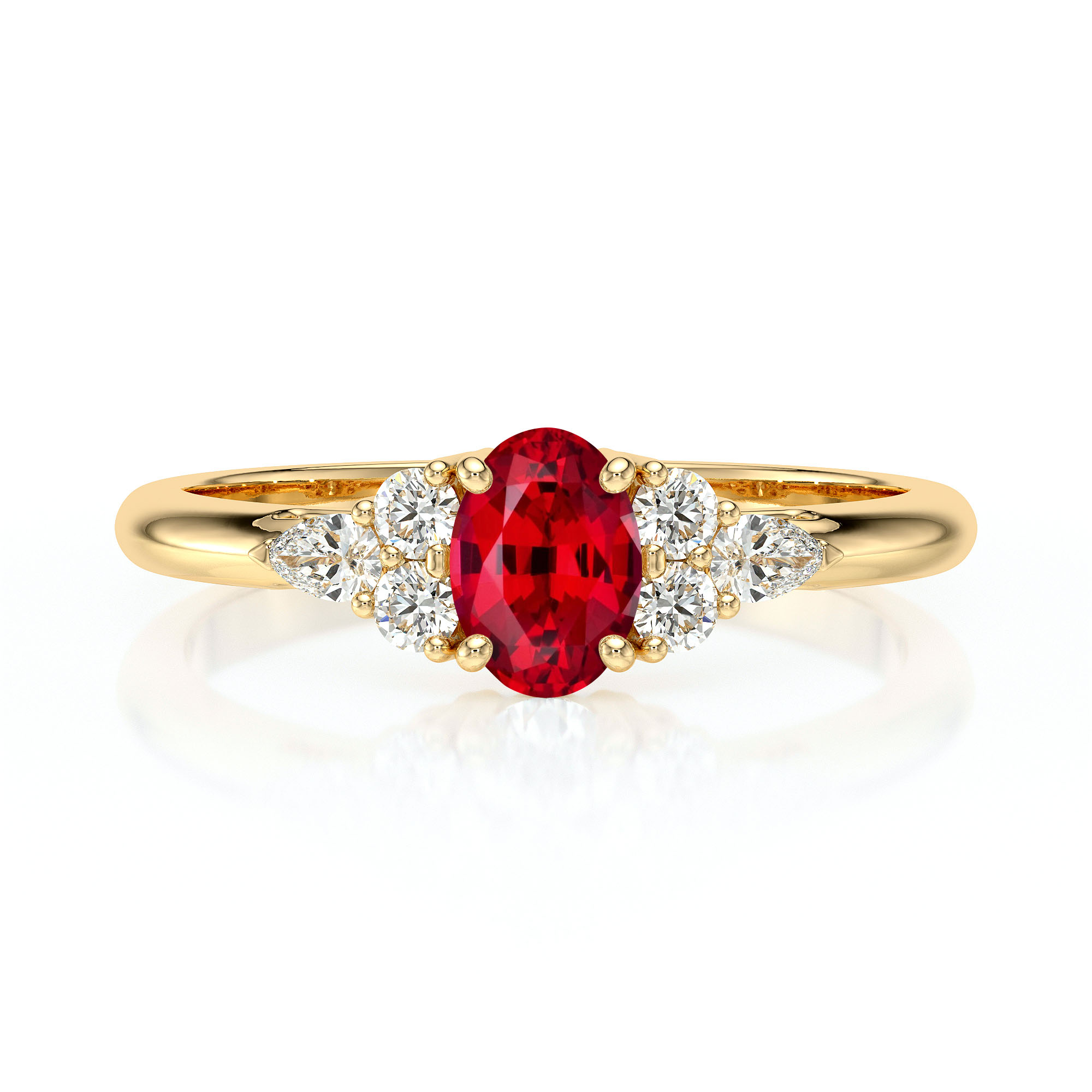 Bague en or avec un magnifique rubis ovale central, entouré de diamants brillants en forme de poire, symbolisant l'élégance et la sophistication. Parfaite pour les fiançailles ou un cadeau spécial, cette bague associe un design classique à une touche moderne, idéale pour chaque occasion.