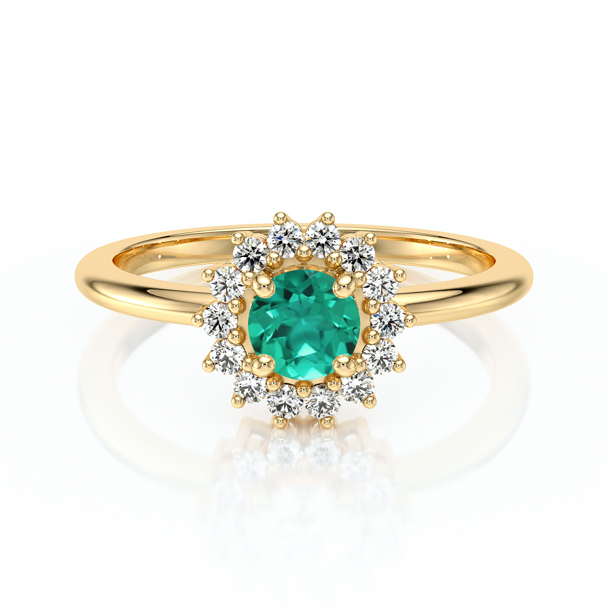 Bague en or avec une pierre précieuse turquoise centrale entourée de diamants scintillants, modèle élégant et sophistiqué, idéale pour une occasion spéciale ou un engagement, mettant en valeur une esthétique intemporelle avec une touche de modernité.