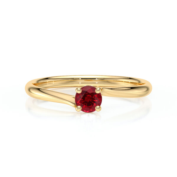Bague en or jaune avec un design moderne, ornée d'une pierre précieuse rouge en forme de rond, mettant en avant l'élégance et le style minimaliste. Idéale pour les occasions spéciales ou comme cadeau symbolique, cette bague allie sophistication et romantisme. Modèle + diamant.