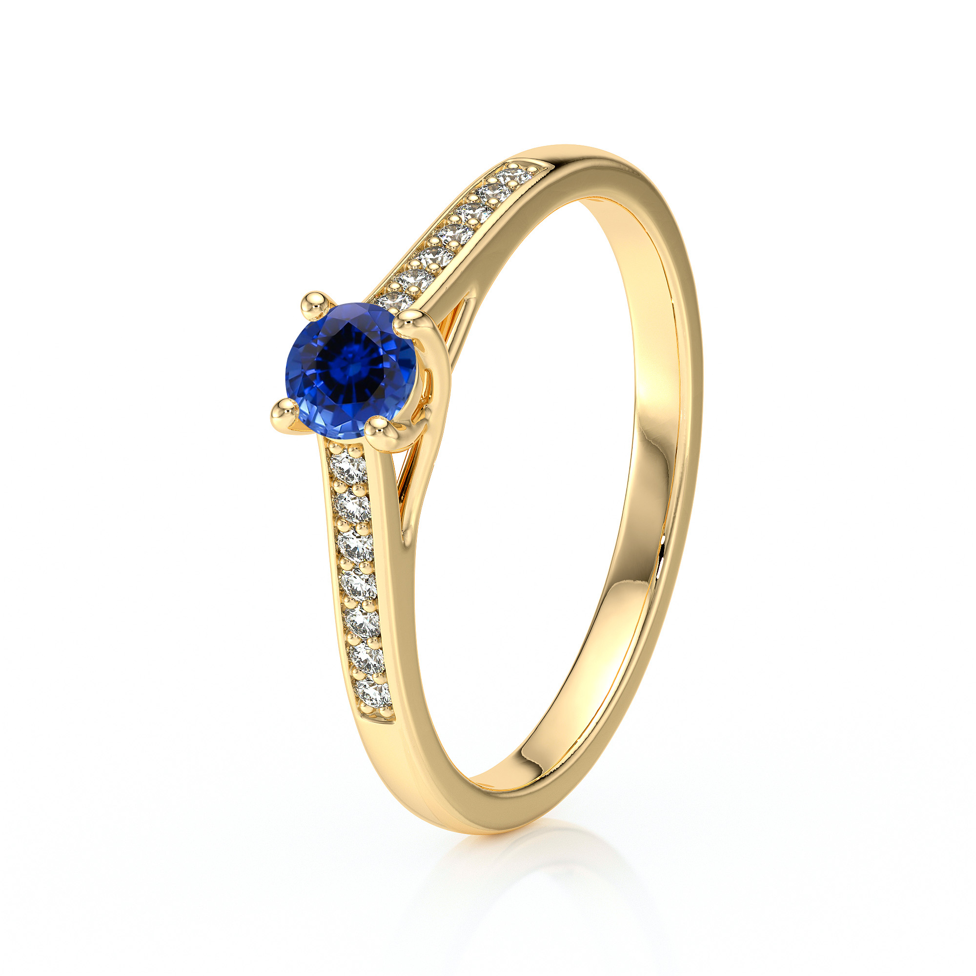 Bague en or avec un saphir bleu brillant au centre, entouré de diamants. Ce modèle élégant et moderne est parfait pour une proposition de mariage ou une occasion spéciale. Idéale pour ceux qui recherchent une bijouterie de luxe.