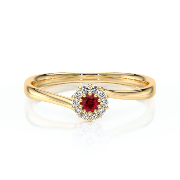 Bague élégante en or jaune avec un design moderne, ornée d'un magnifique rubis central entouré de diamants scintillants. Ce bijou est parfait pour les occasions spéciales ou comme cadeau sentimental. Bague rubis diamant, modèle tendance, parfait pour l'amour éternel.