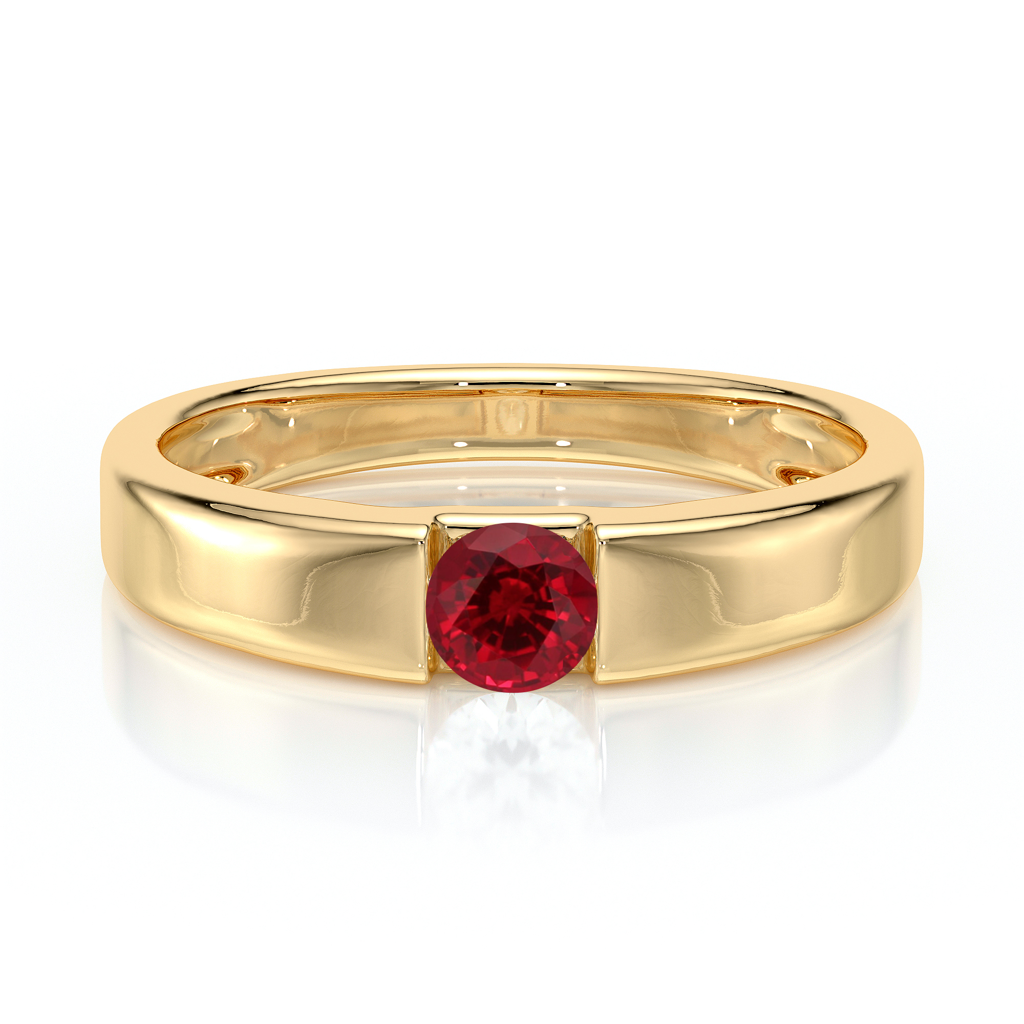 Bague en or élégant avec un design moderne, ornée d'un diamant rouge rond au centre, symbolisant l'amour et le luxe, parfaite pour une occasion spéciale comme un engagement ou un anniversaire.